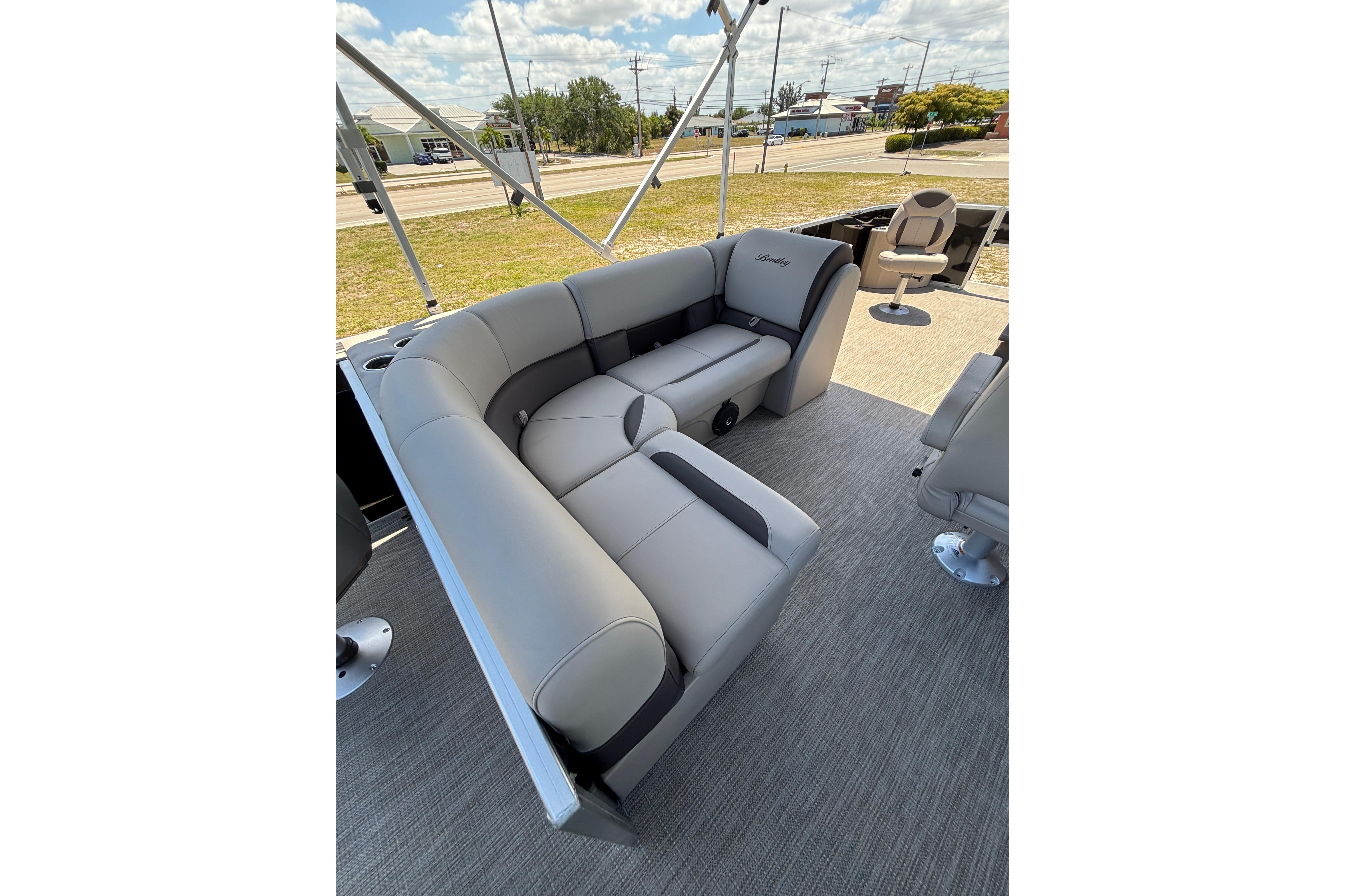 Interior of 2026 Bentley Pontoons Fish 243 4-Point with gray seating.