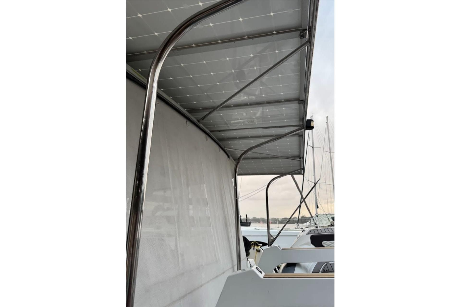 Fountaine Pajot Saona 47 catamaran, 2020 model, featuring sleek solar panel installation.
