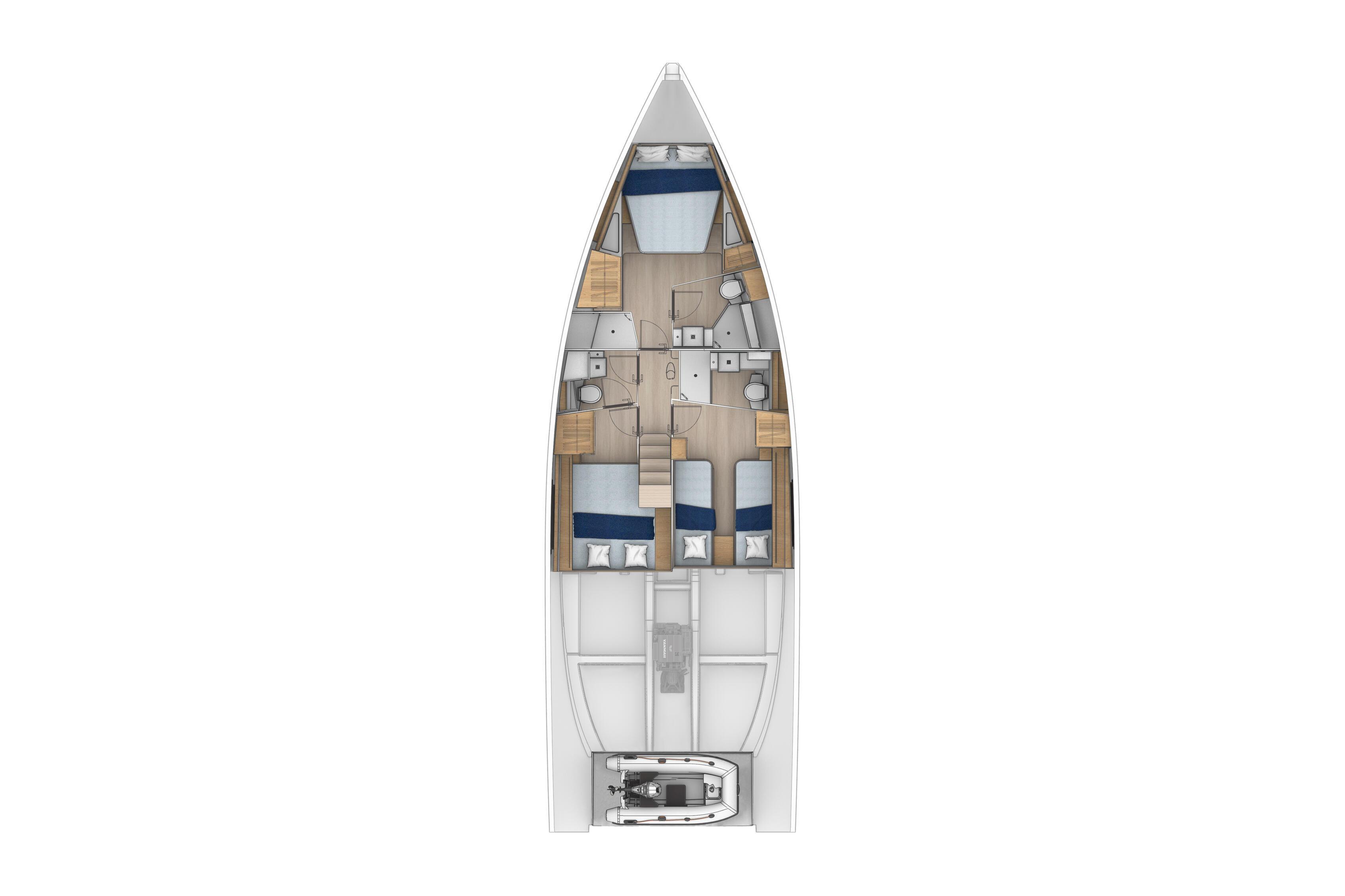 Top view of 2026 Moody 48 DS yacht interior layout with cabins and amenities.