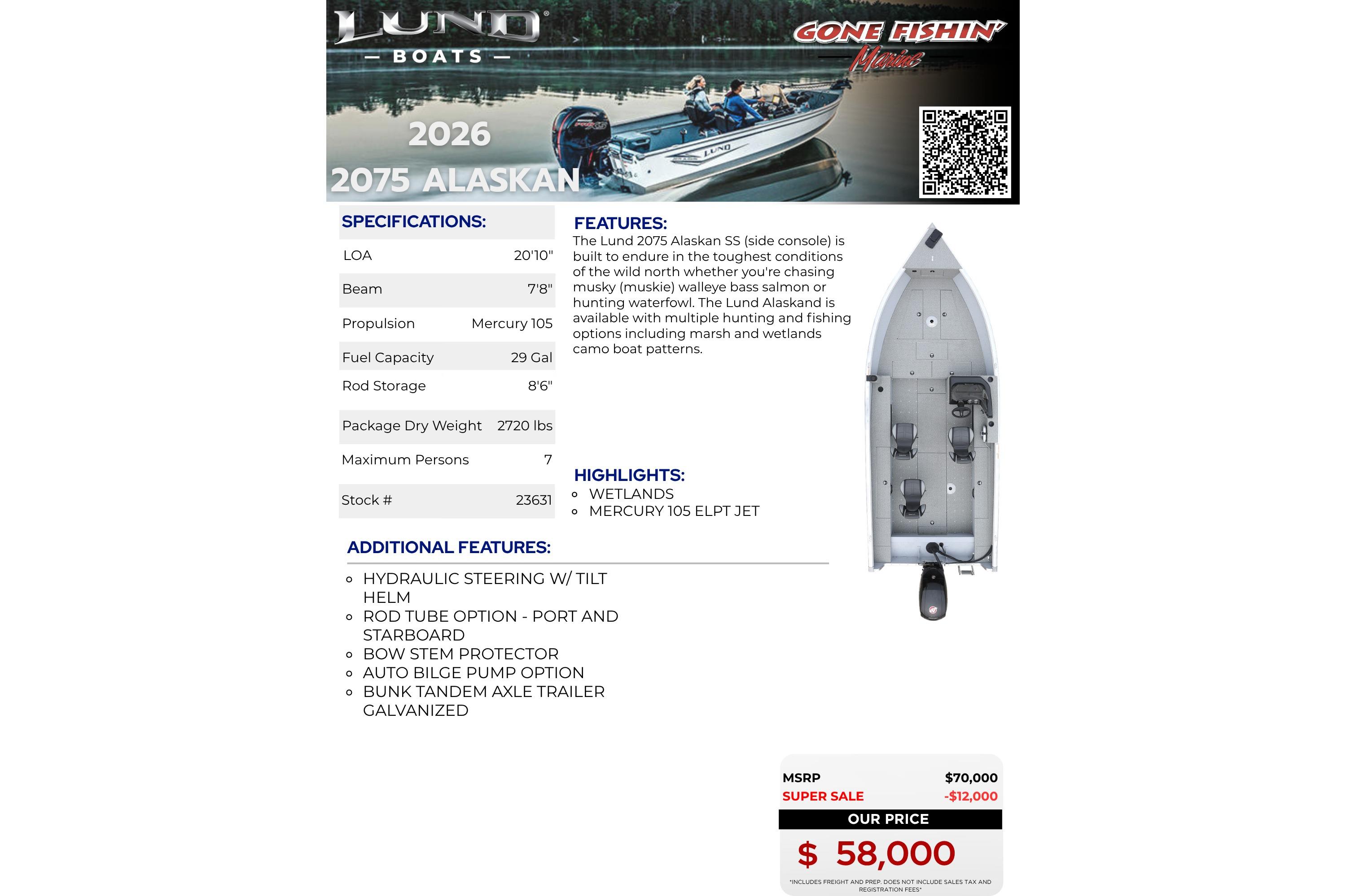 Lund 2075 Alaskan SS 2026 boat specifications and features, priced at $58,000.