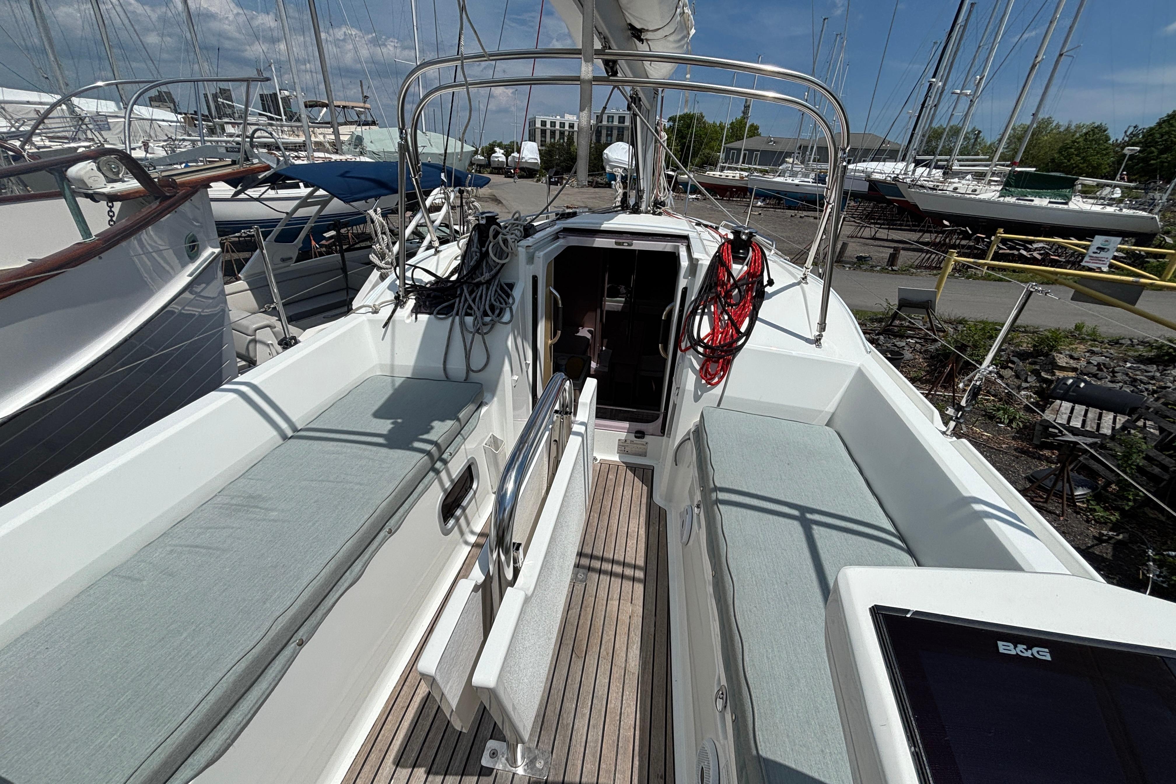 Beneteau Oceanis 30.1 sailboat cockpit, 2021 model, docked with visible seating and equipment.