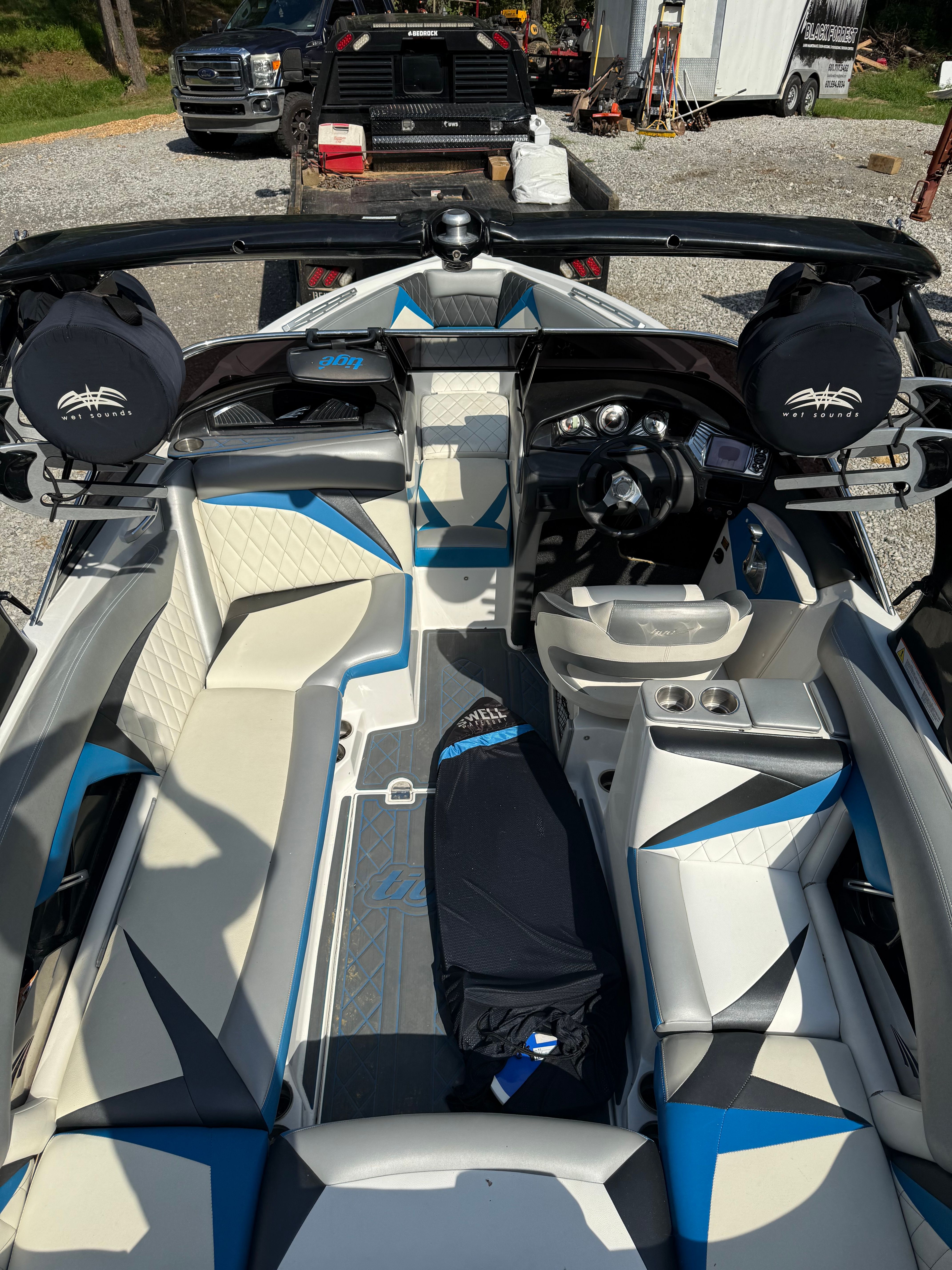 Interior of a 2012 Custom Z3 boat with modern seating.