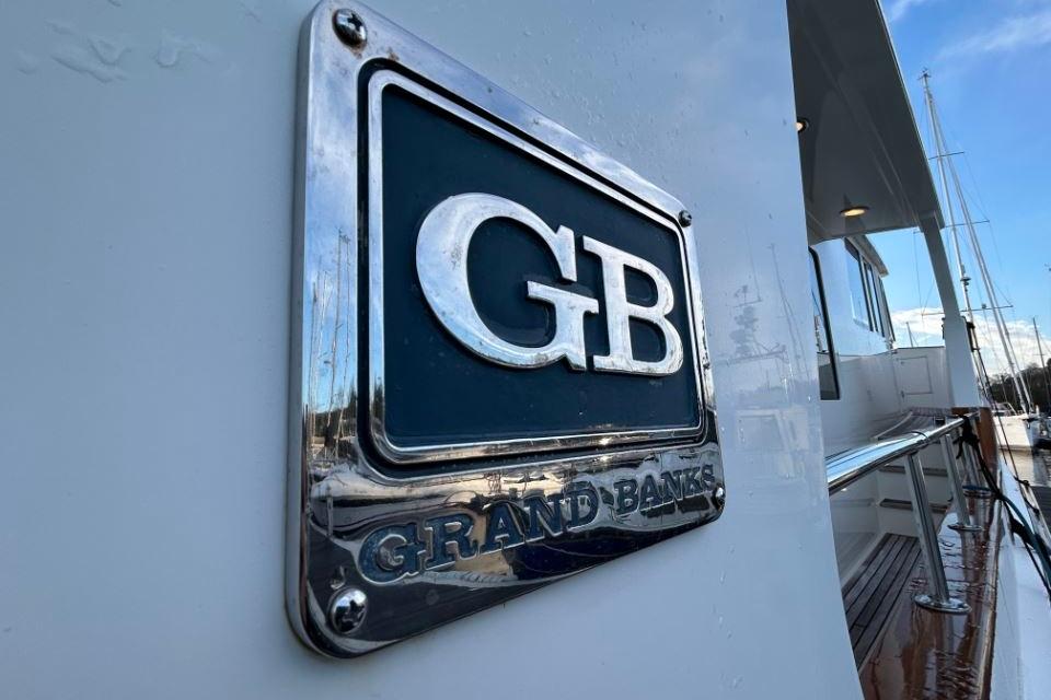 2008 Grand Banks 59 Aleutian RP yacht with GB logo on the side.