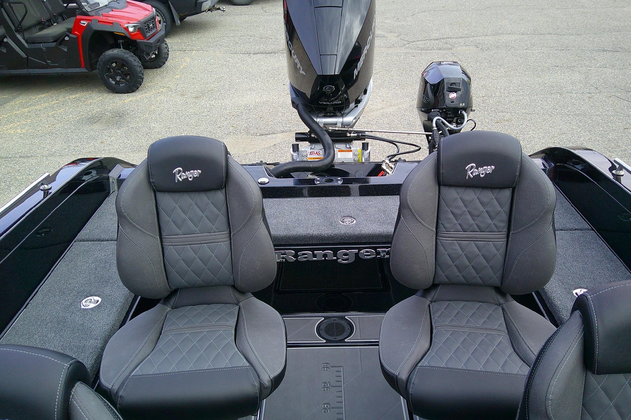 2026 Ranger 620FS Pro boat interior with dual seats and motor.