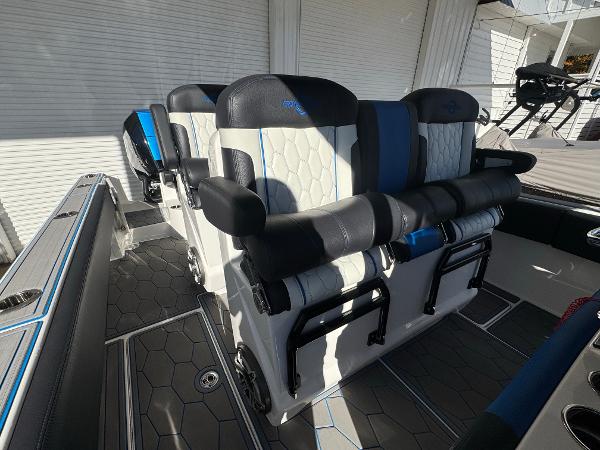 2024 Fountain 34 SC boat interior with luxurious seating and modern design.