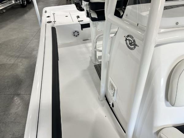 2025 Tidewater 2300 Carolina Bay boat interior, featuring sleek white design and modern seating.