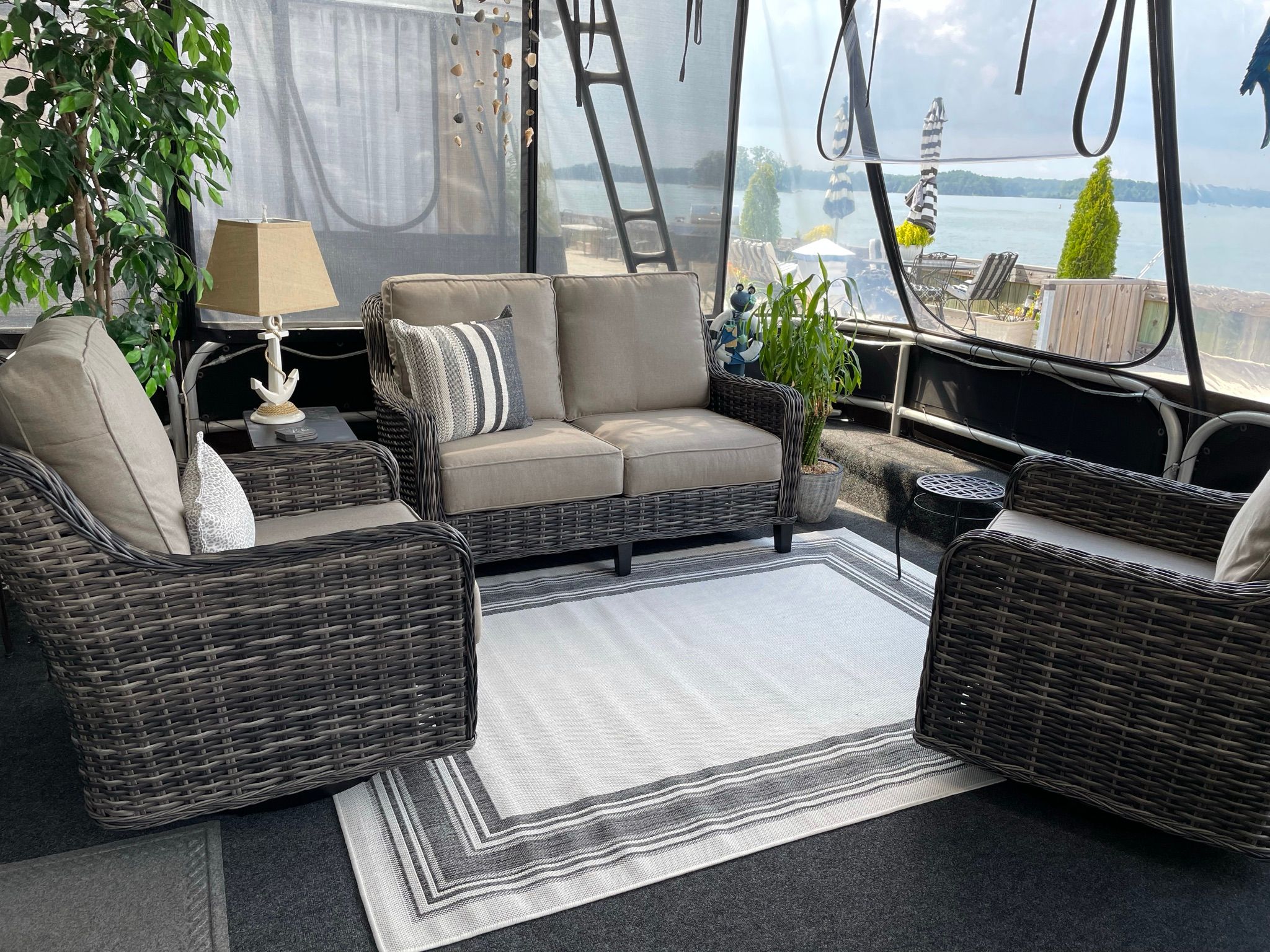 Interior of a 2001 Sumerset houseboat with cozy seating area.