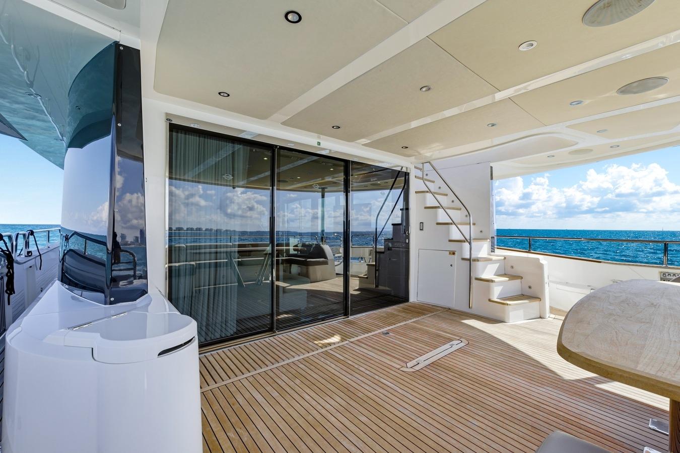 Luxurious 2022 Sunseeker Motoryacht deck with ocean view, featuring sleek design and modern amenities.