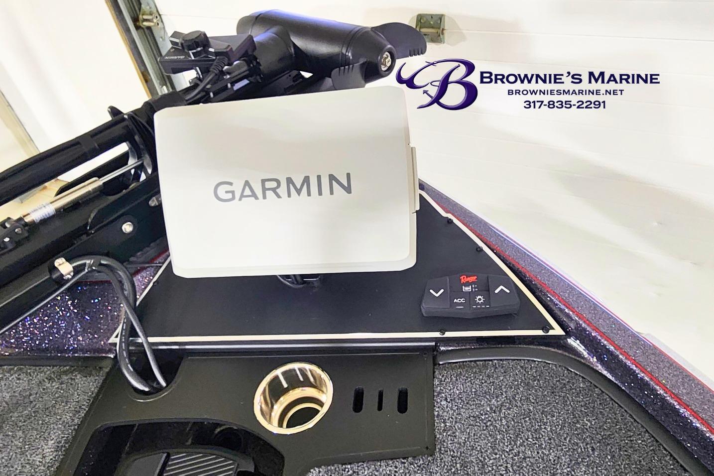 2026 Ranger Z521 boat dashboard with Garmin device and Brownie's Marine contact details.