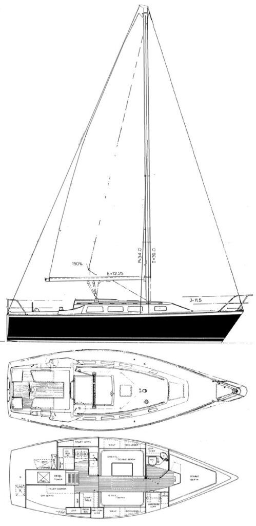 1986 Laguna 30 sailboat, side and deck view.