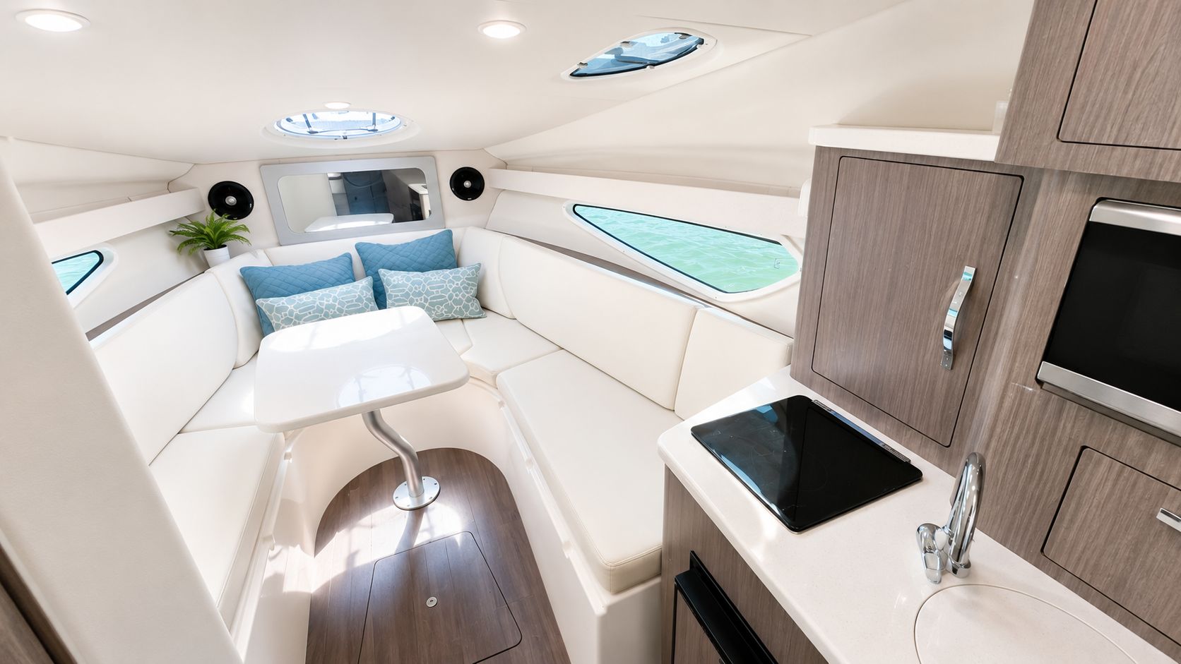 Interior of the 2020 Regal 28 Express with white sofa and table.