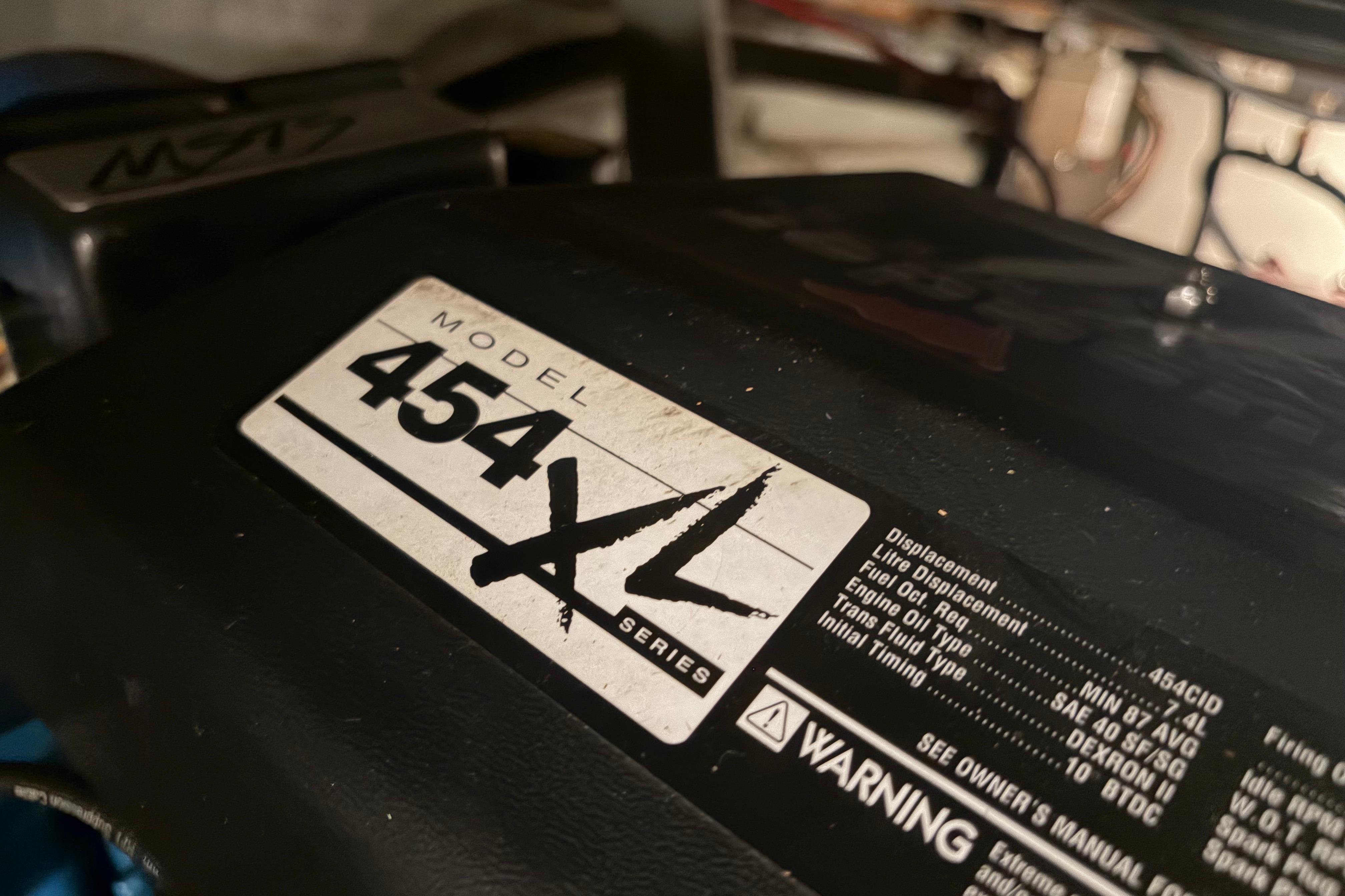 Engine label of a 1971 Chris-Craft 42 Commander, Model 454 XL Series.