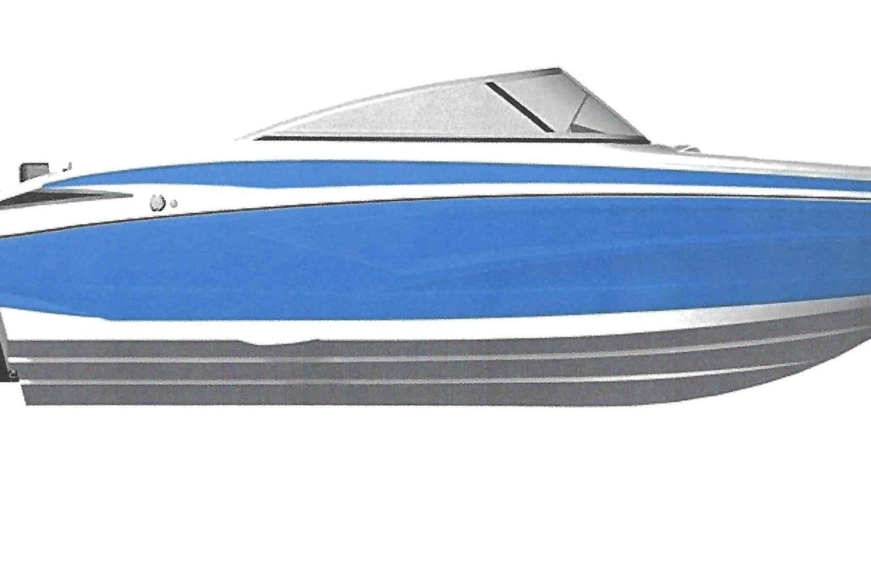 2027 Crownline 220 SS LPX boat, sleek blue and white design, side view.