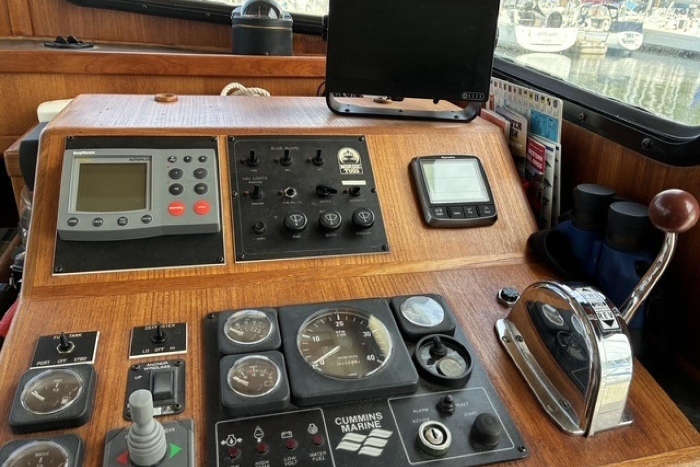 Control panel of a 2000 Nordic Tug 37 boat with navigation instruments.