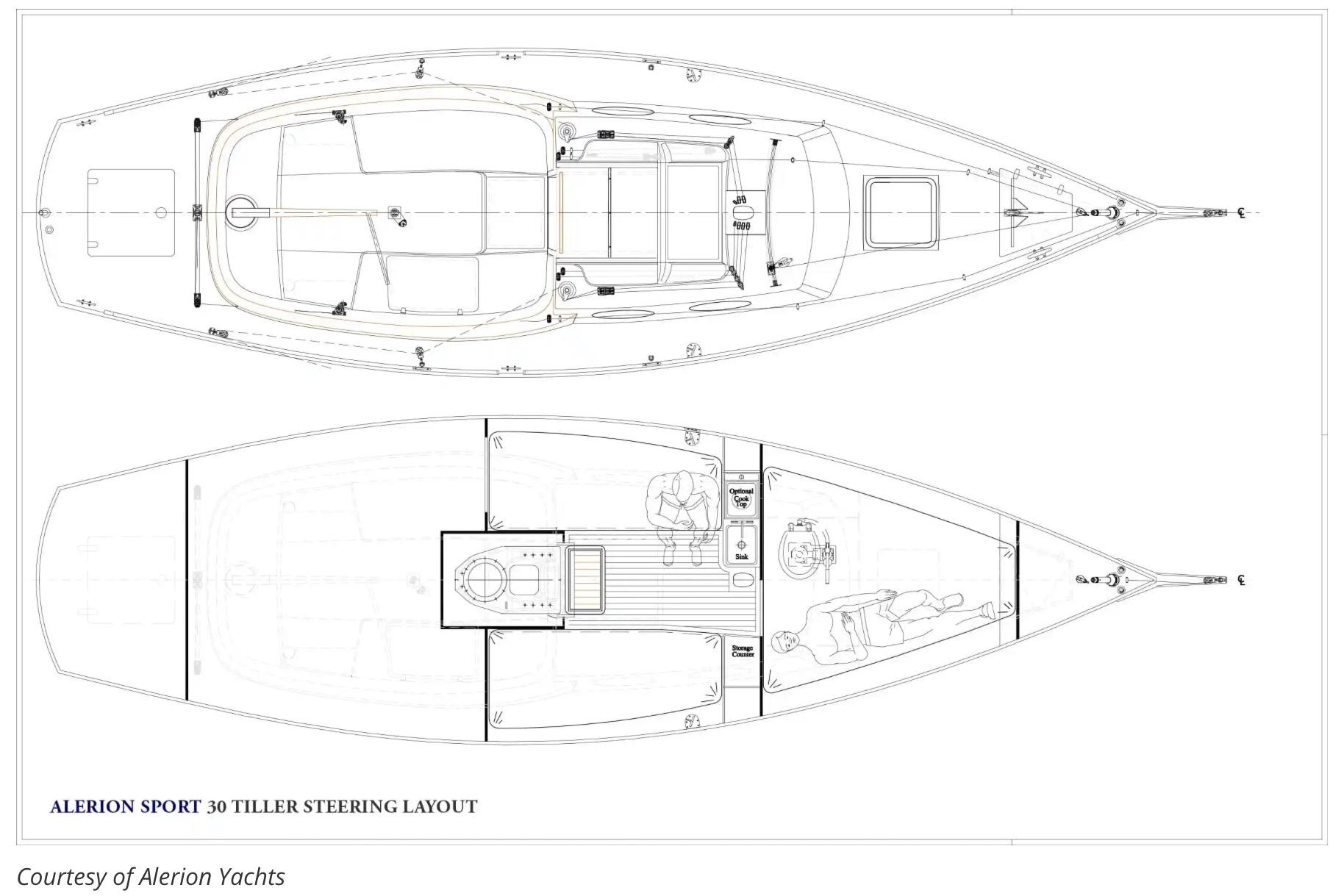 Alerion Sport 30 sailboat layout, 2015 model, showcasing tiller steering design.