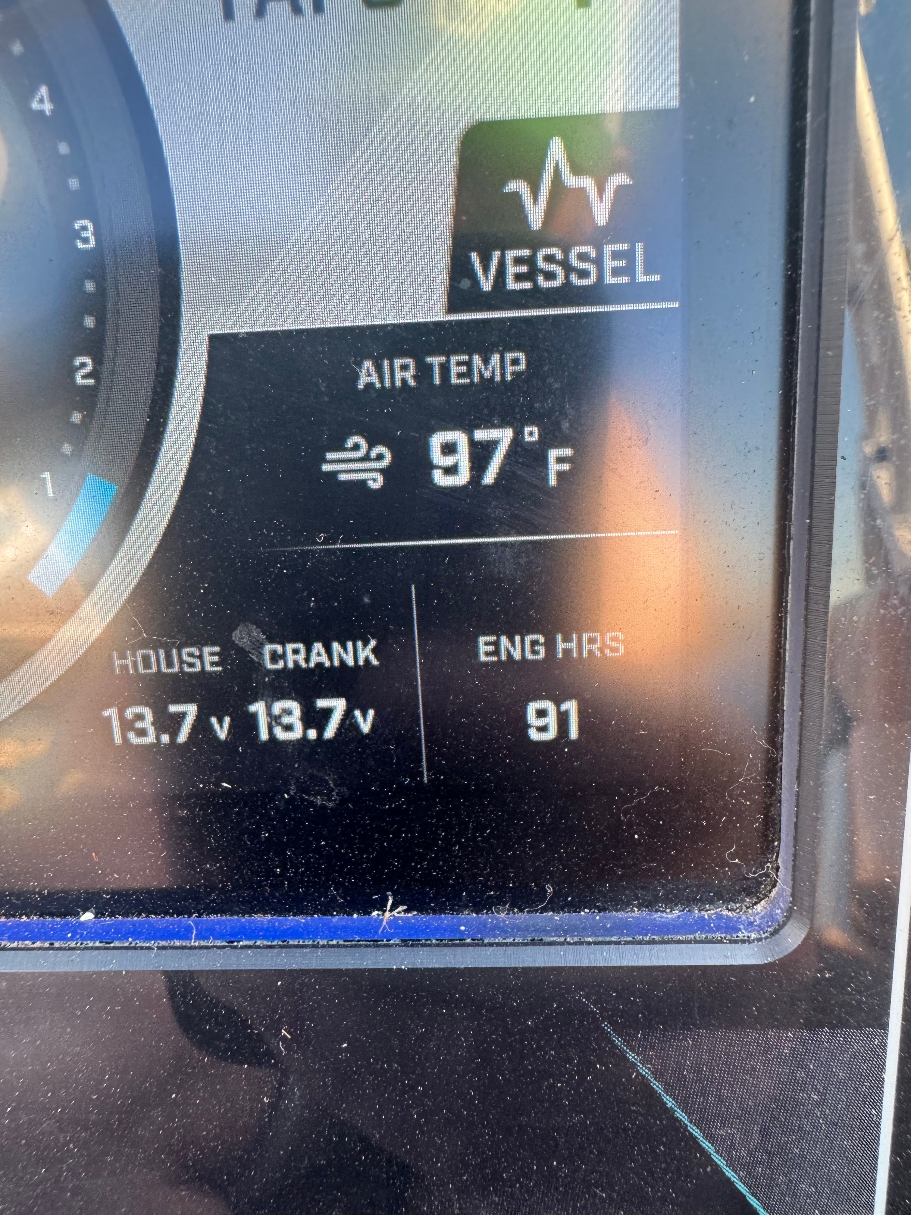 A display shows 97°F air temperature and 91 engine hours.