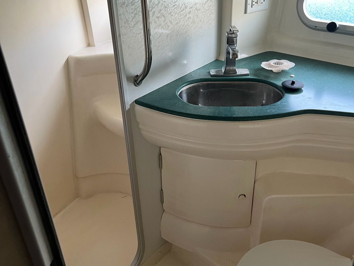 The image shows the bathroom of a 1999 Sealine F44 with a sink and shower.