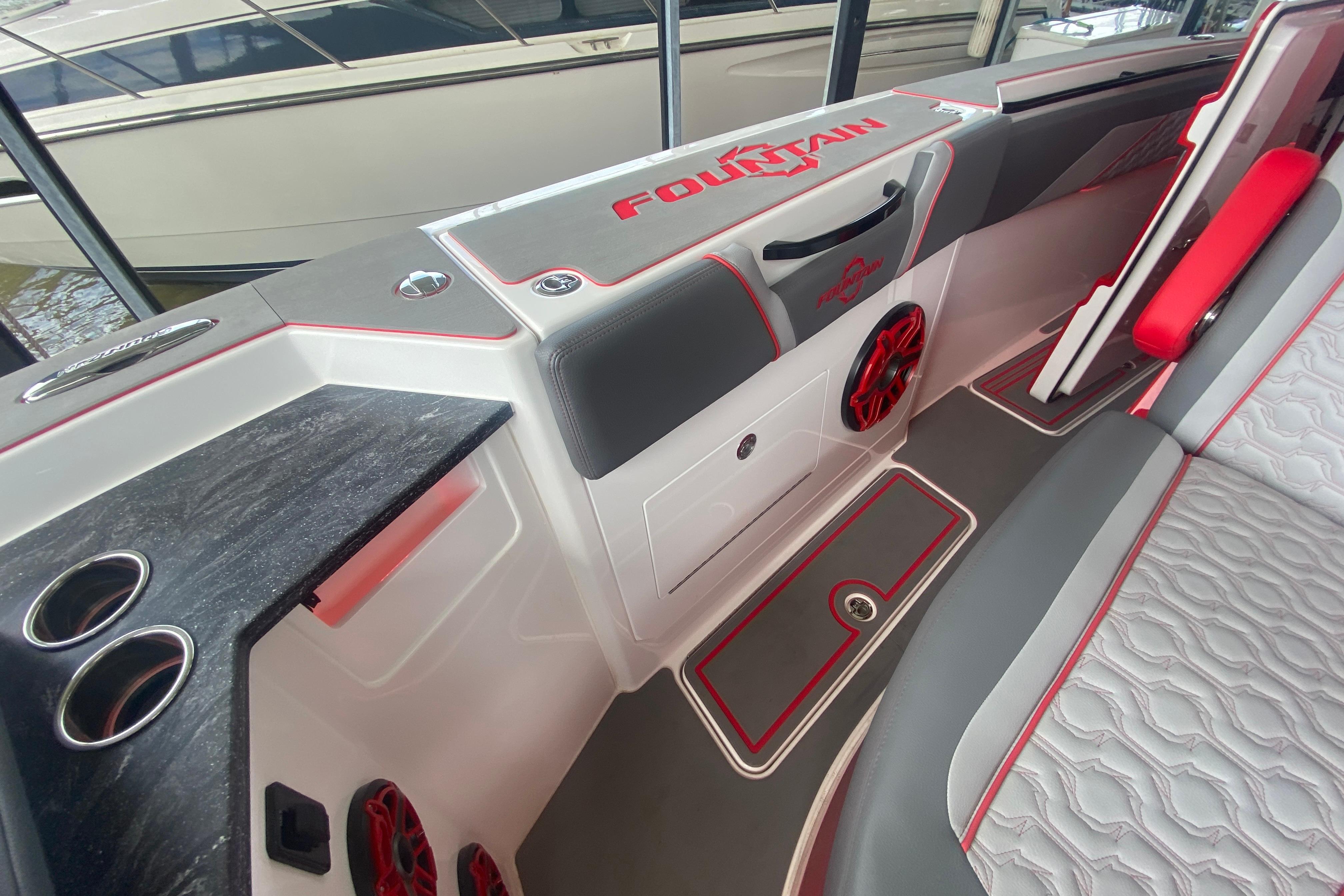 2025 Fountain 38 SCX boat interior with sleek design, red accents, and modern features.