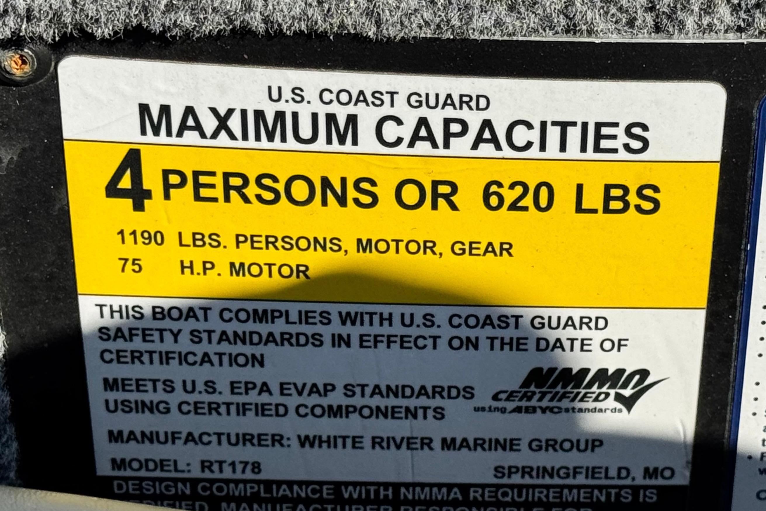 2021 Ranger RT178 capacity label: 4 persons or 620 lbs, 75 HP motor.
