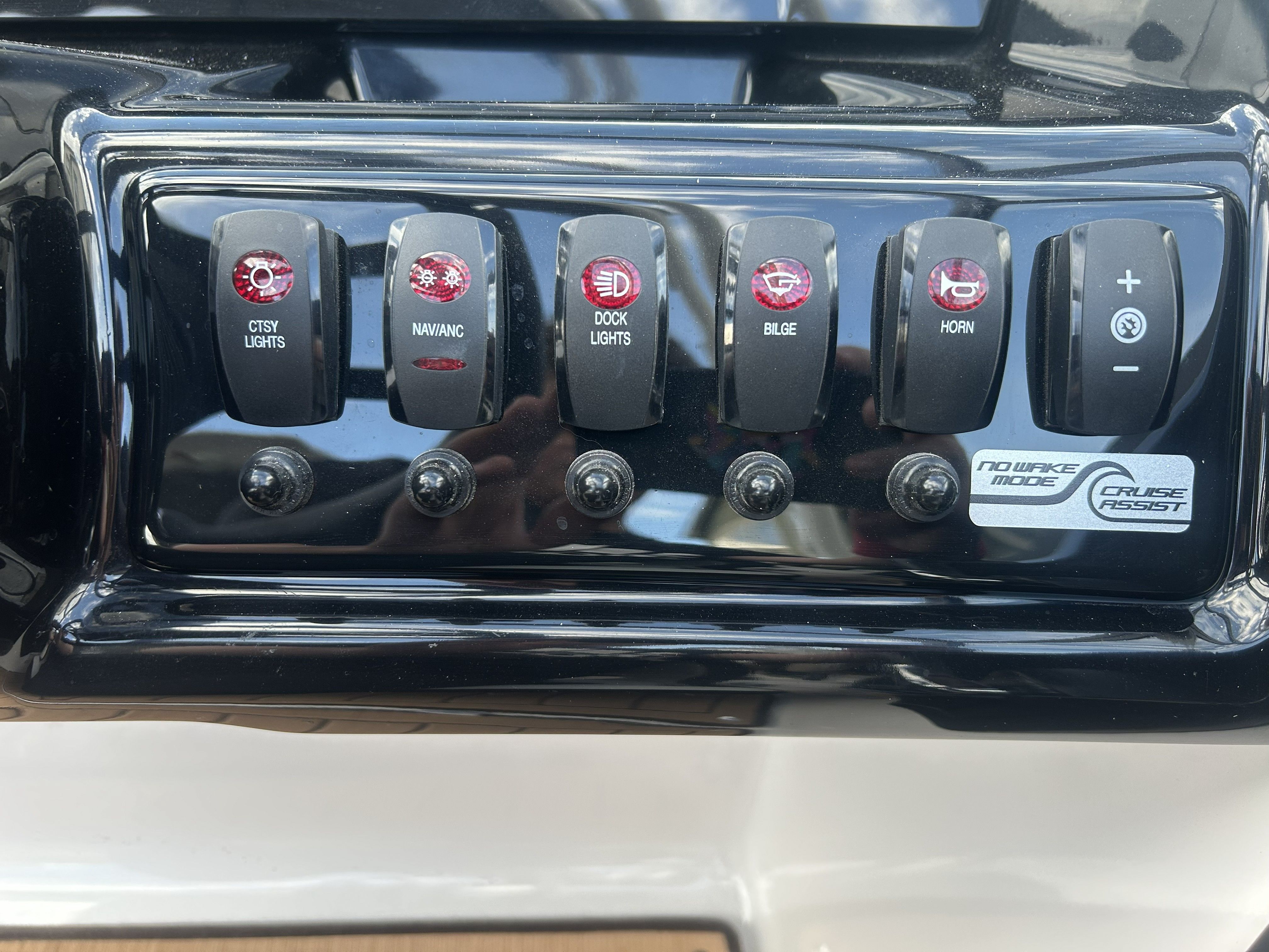 Control panel of 2022 Yamaha Boats 195S with various switches.