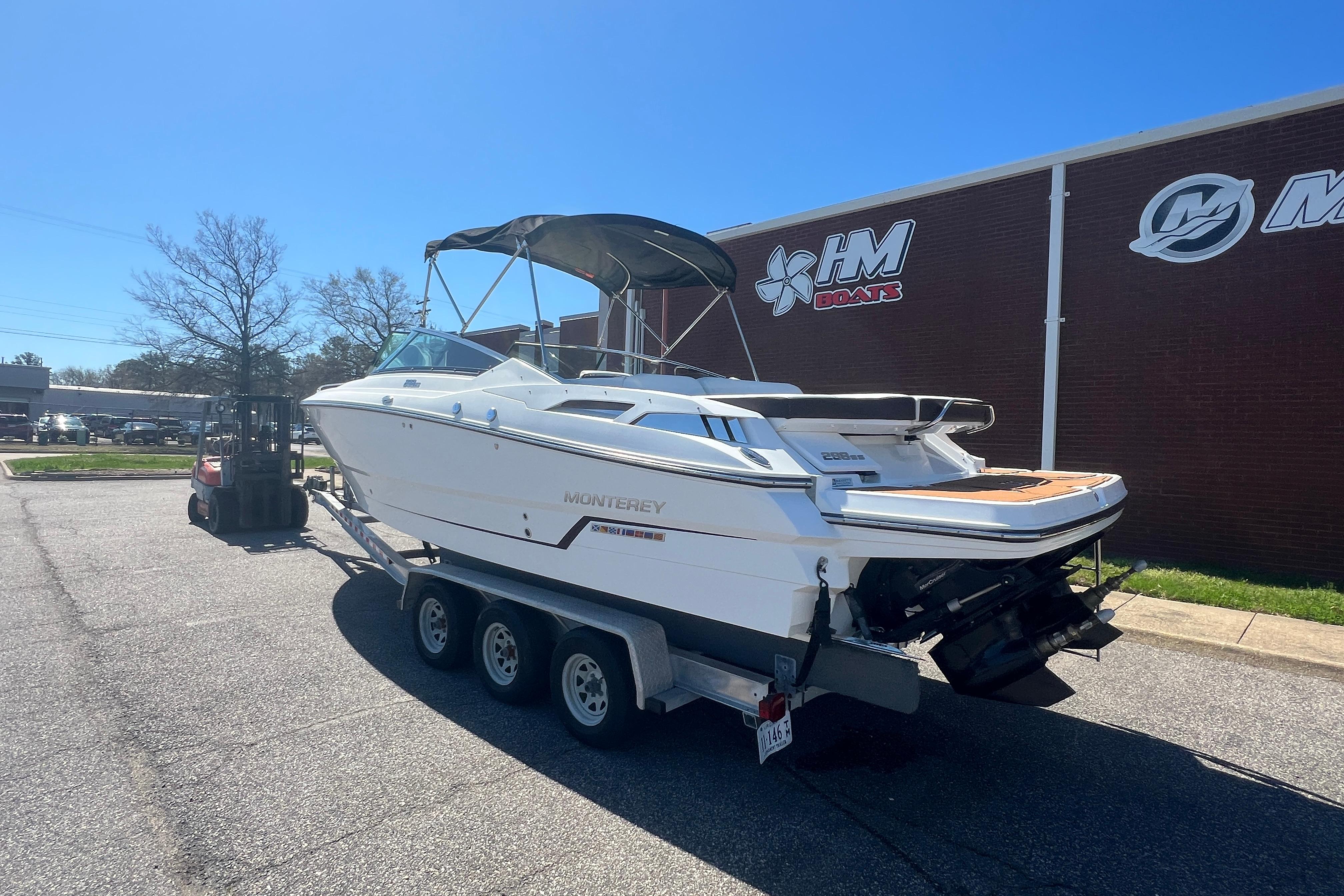 2017 Monterey 298SS Super Sport boat on trailer outside HM Boats building.