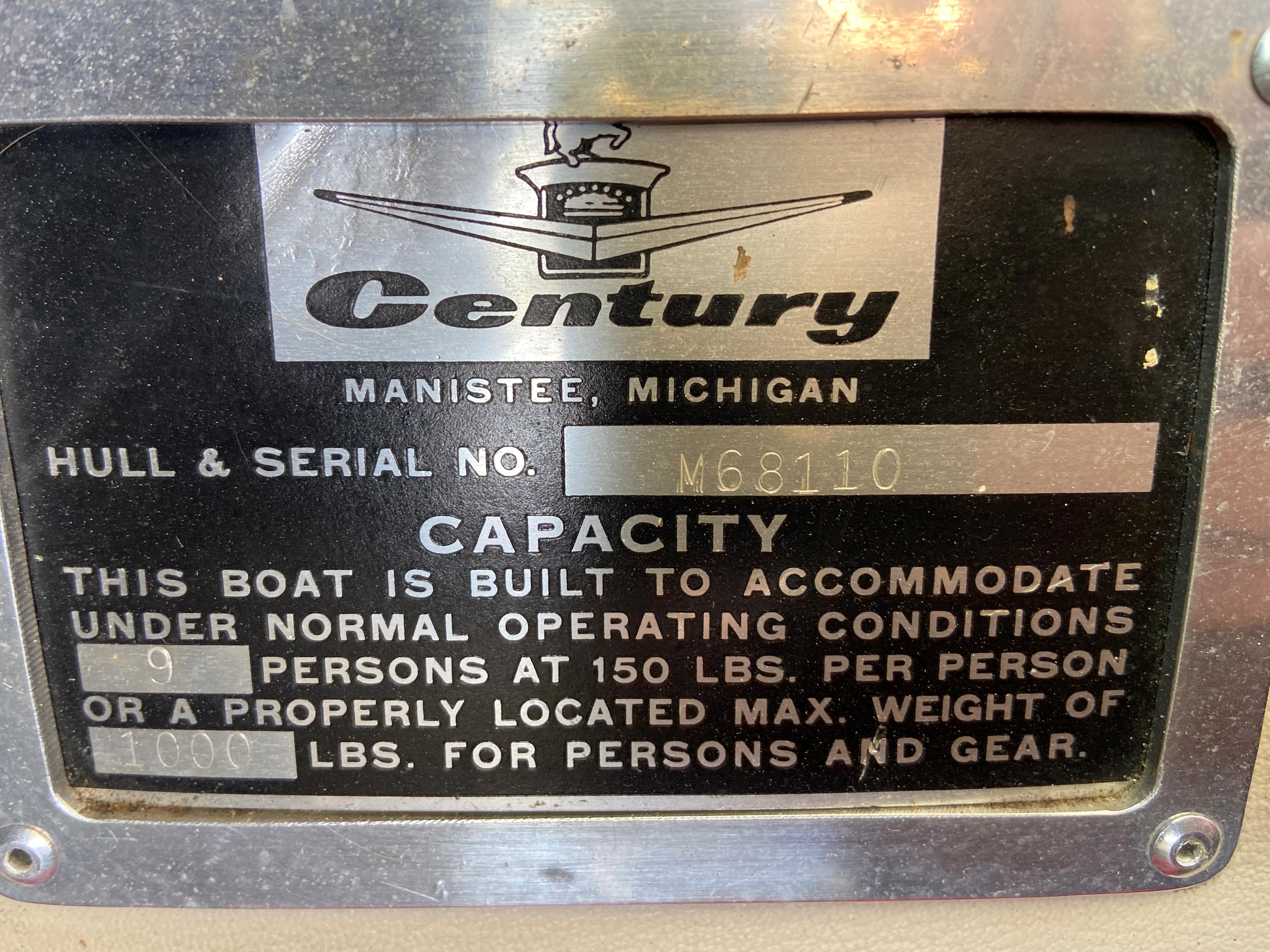 1968 Century Coronado boat capacity plate, Manistee, Michigan, serial M68110, 9 persons, 1000 lbs max.