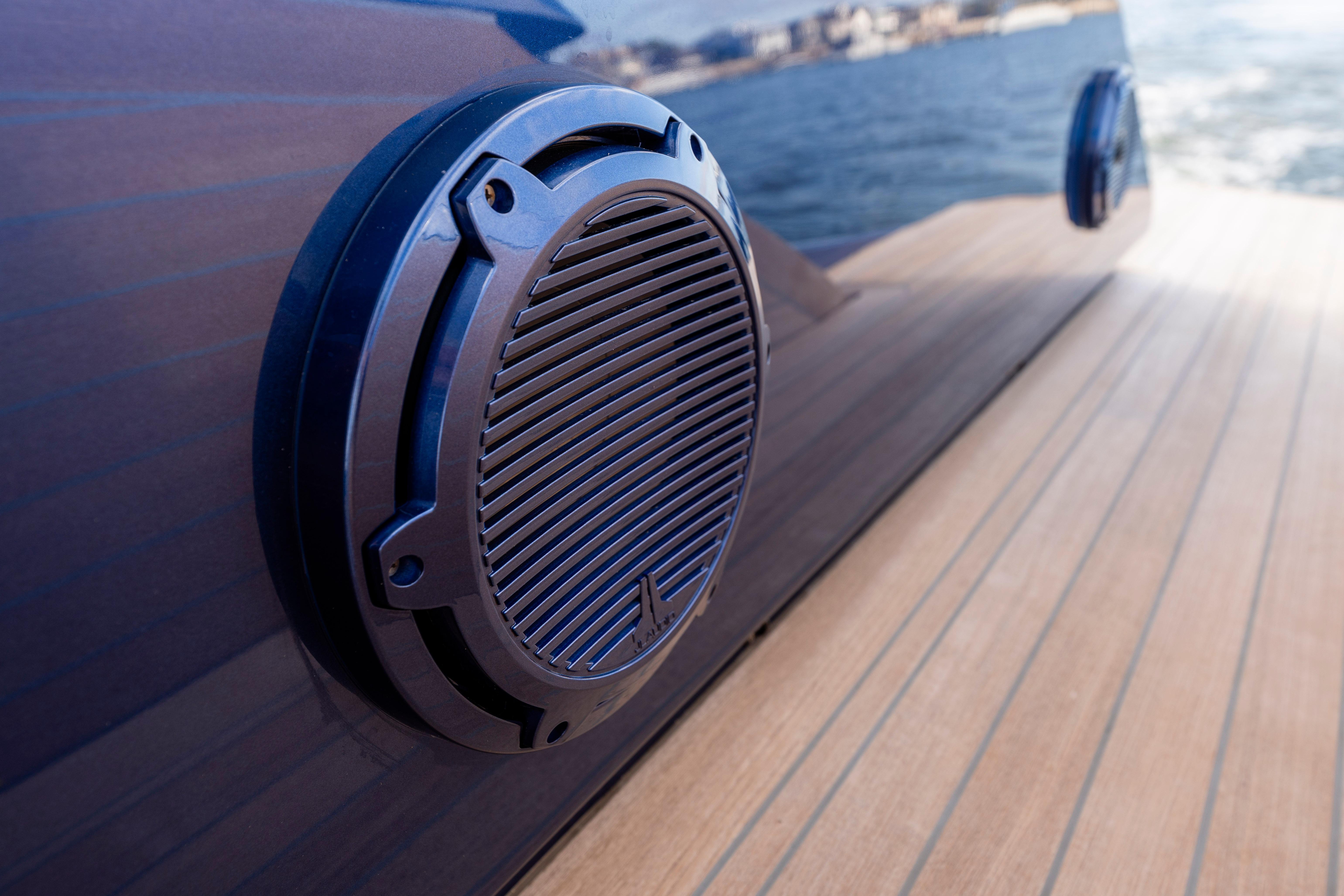 Close-up of speaker on 2023 Wally Wallytender 48 yacht deck.