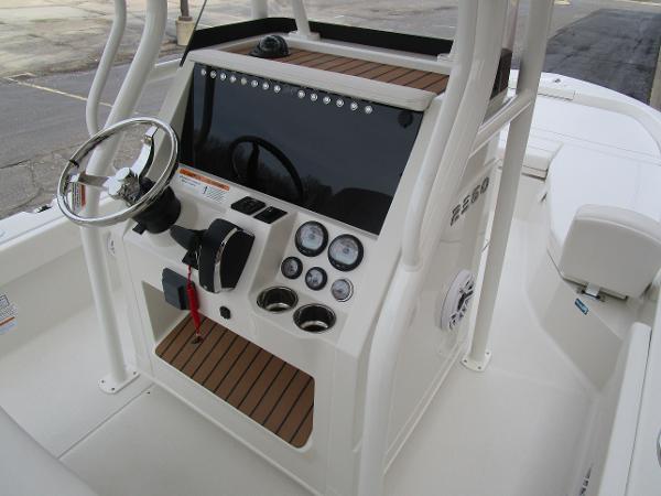 2024 Ranger 2360 Bay boat console with steering wheel and control panel.
