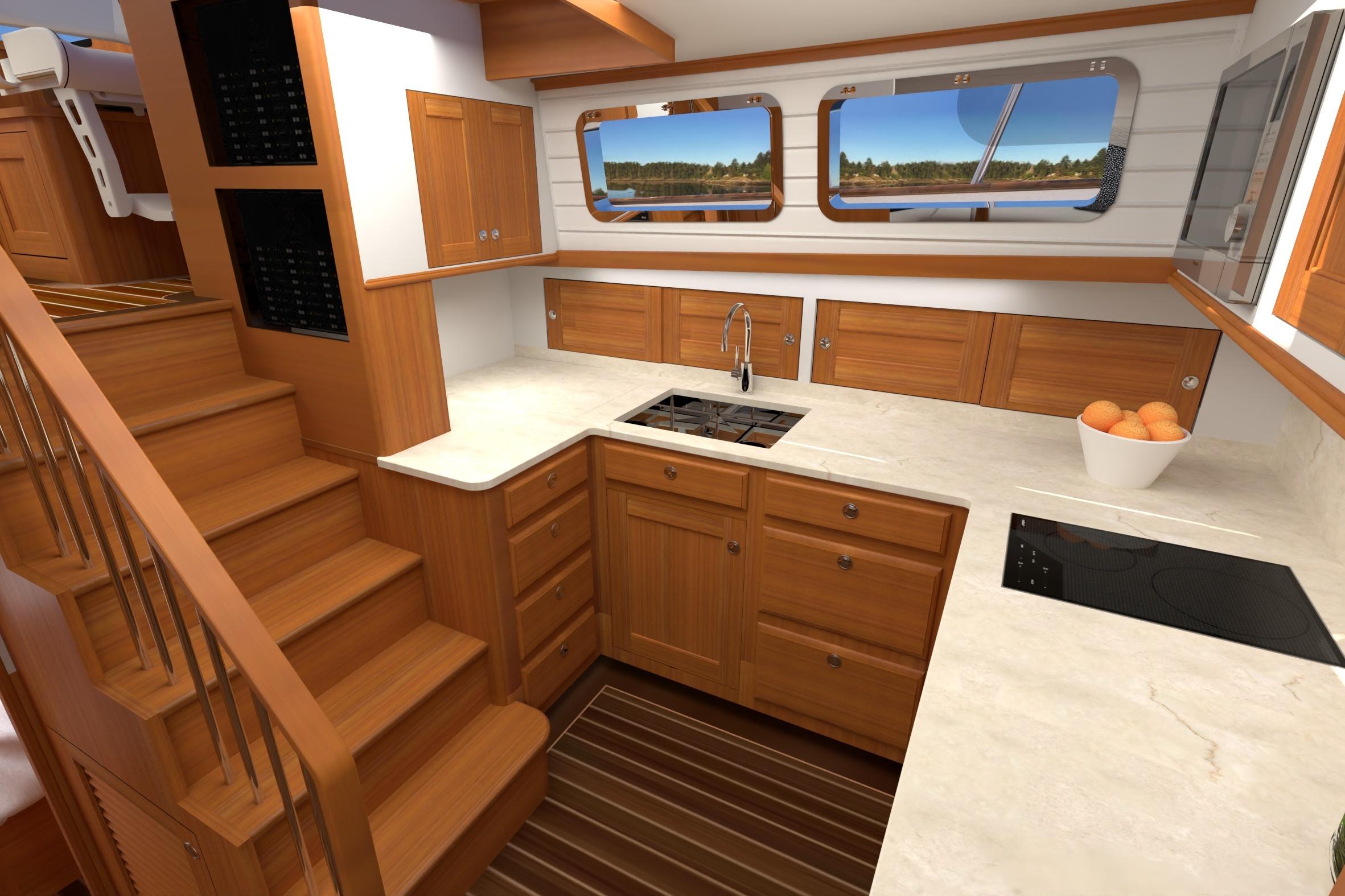 Luxurious kitchen interior of 2027 Hunt Yachts 56 Ocean Express, featuring wood cabinetry and modern appliances.