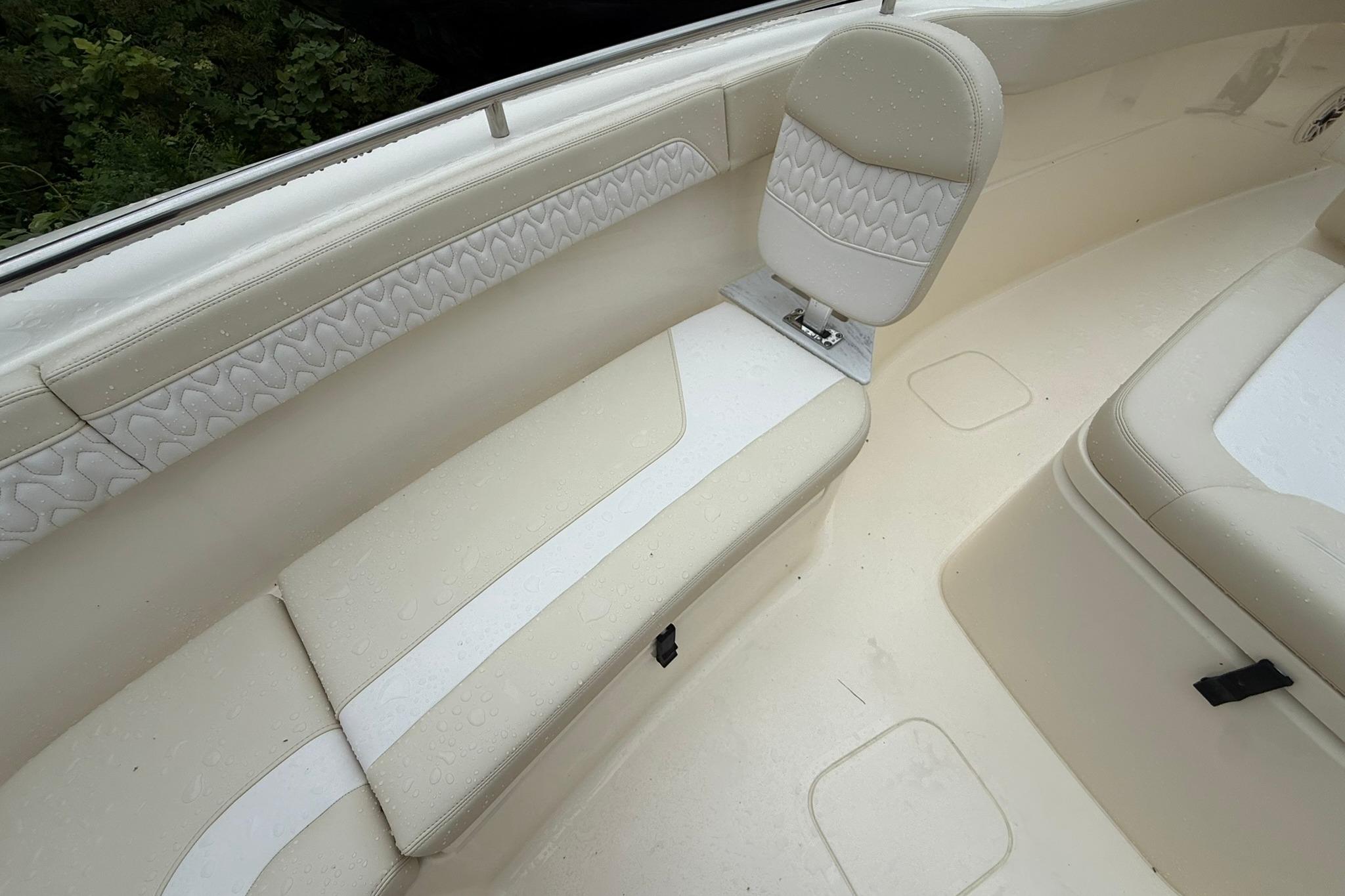2026 Scout 260 LXF boat interior with beige seating and elegant design.