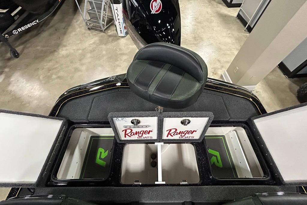 2025 Ranger Z519R Cup-Equipped boat interior with storage compartments and seating.