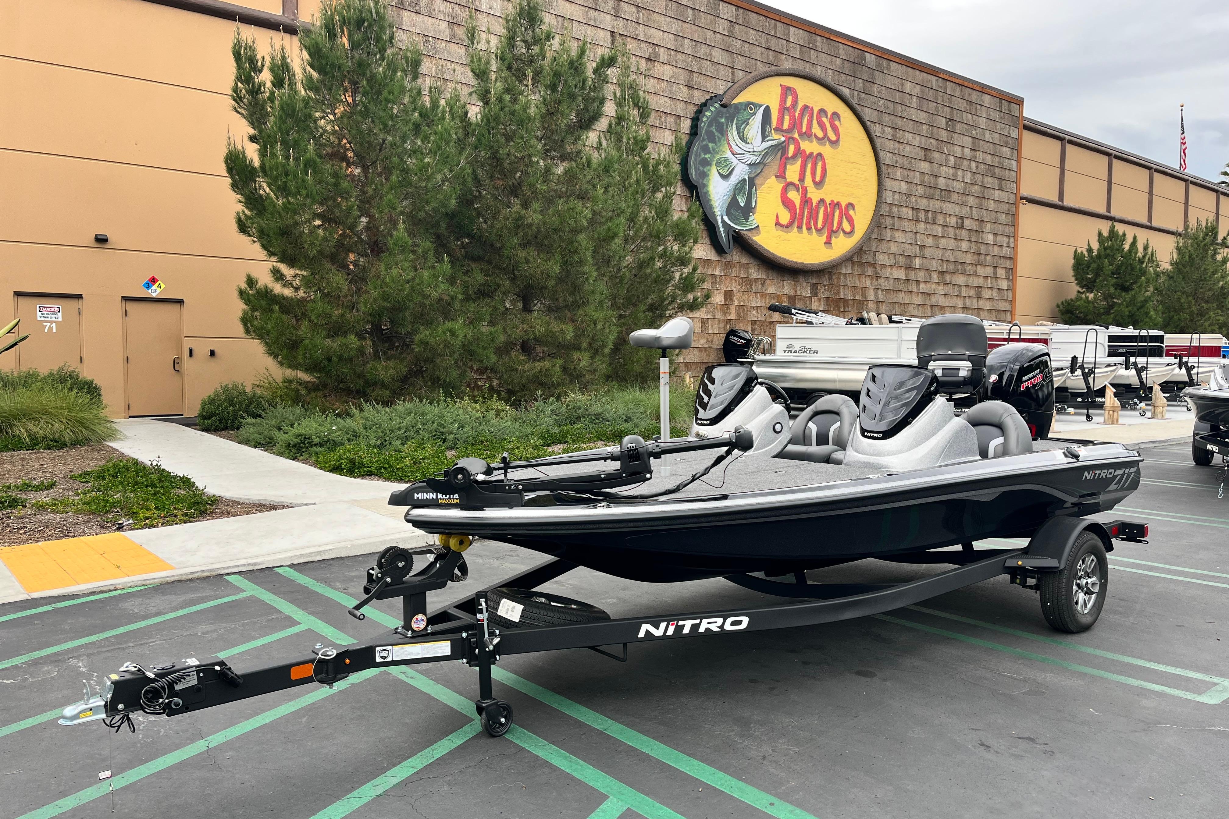 2026 Nitro Z17 boat parked at Bass Pro Shops, featuring sleek design and modern equipment.