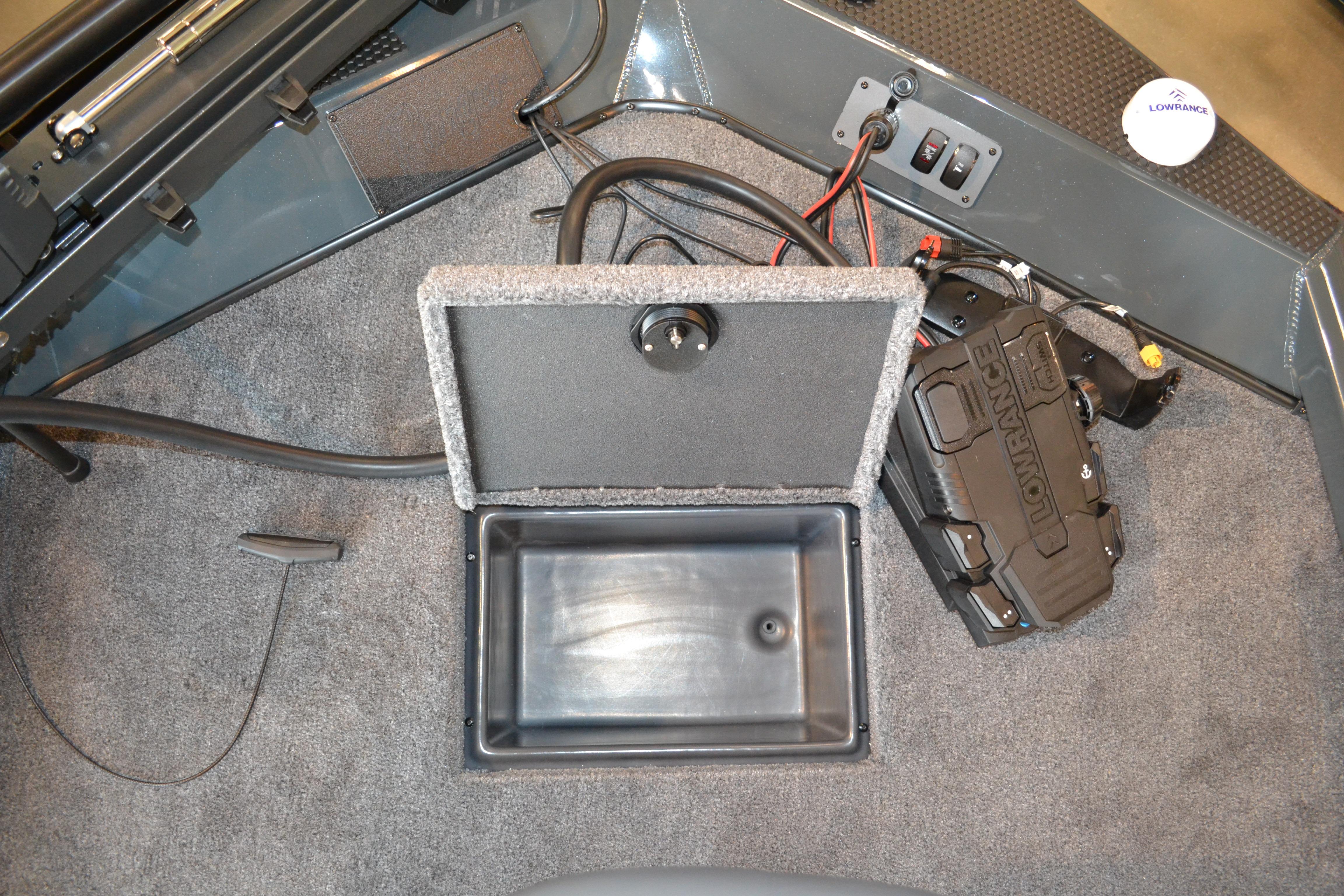 2026 Ranger RT178C boat interior with storage compartment and Lowrance electronics.