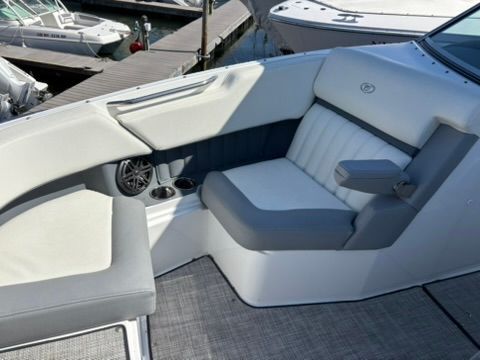 Interior of a 2020 Cobalt SC23 boat with luxurious seating.