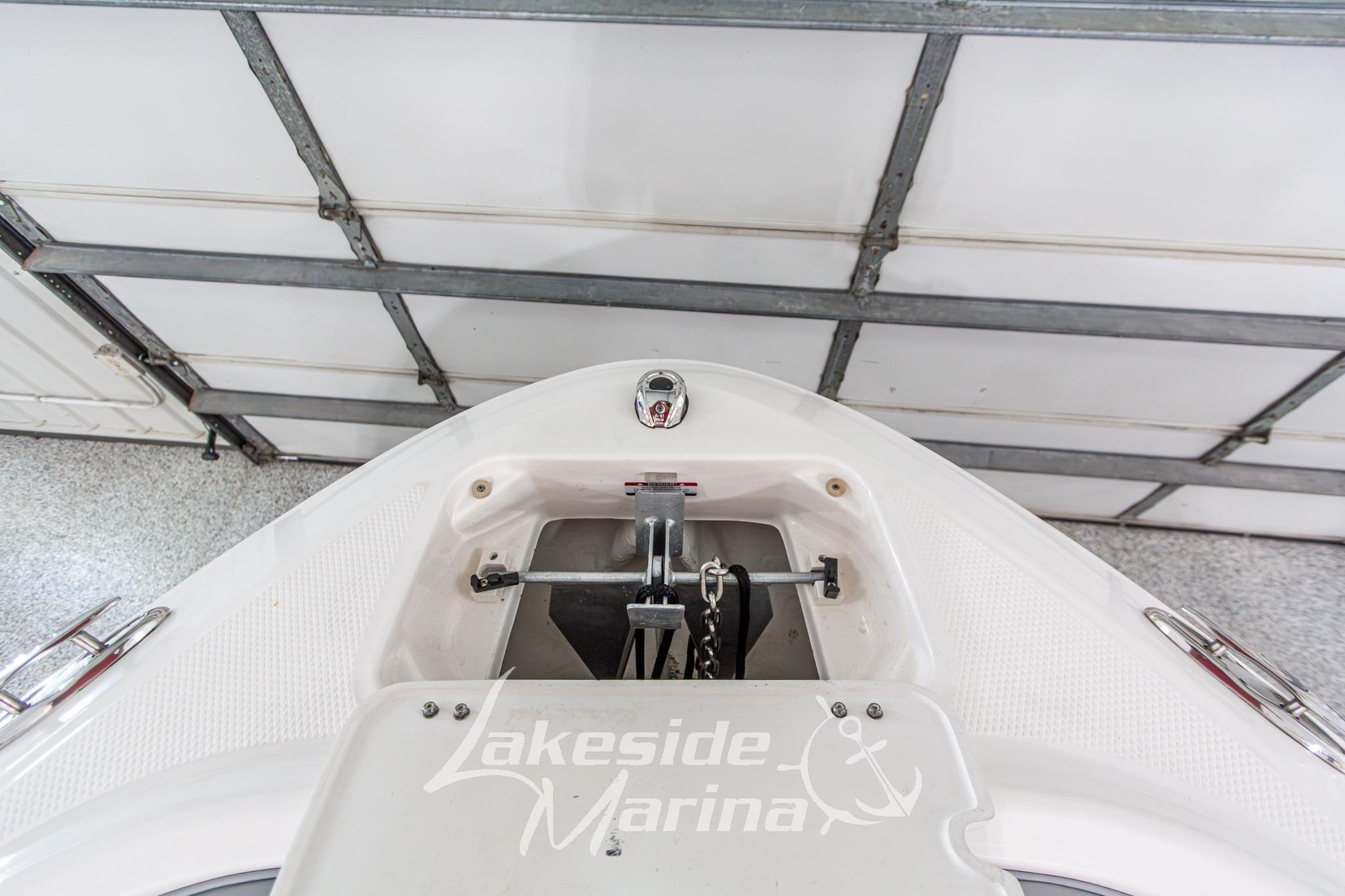 2022 Chaparral 21 SSi boat anchor compartment in Lakeside Marina garage.