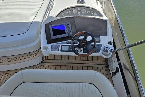 Cockpit of 2005 Sunseeker Manhattan 66 yacht with modern navigation equipment.