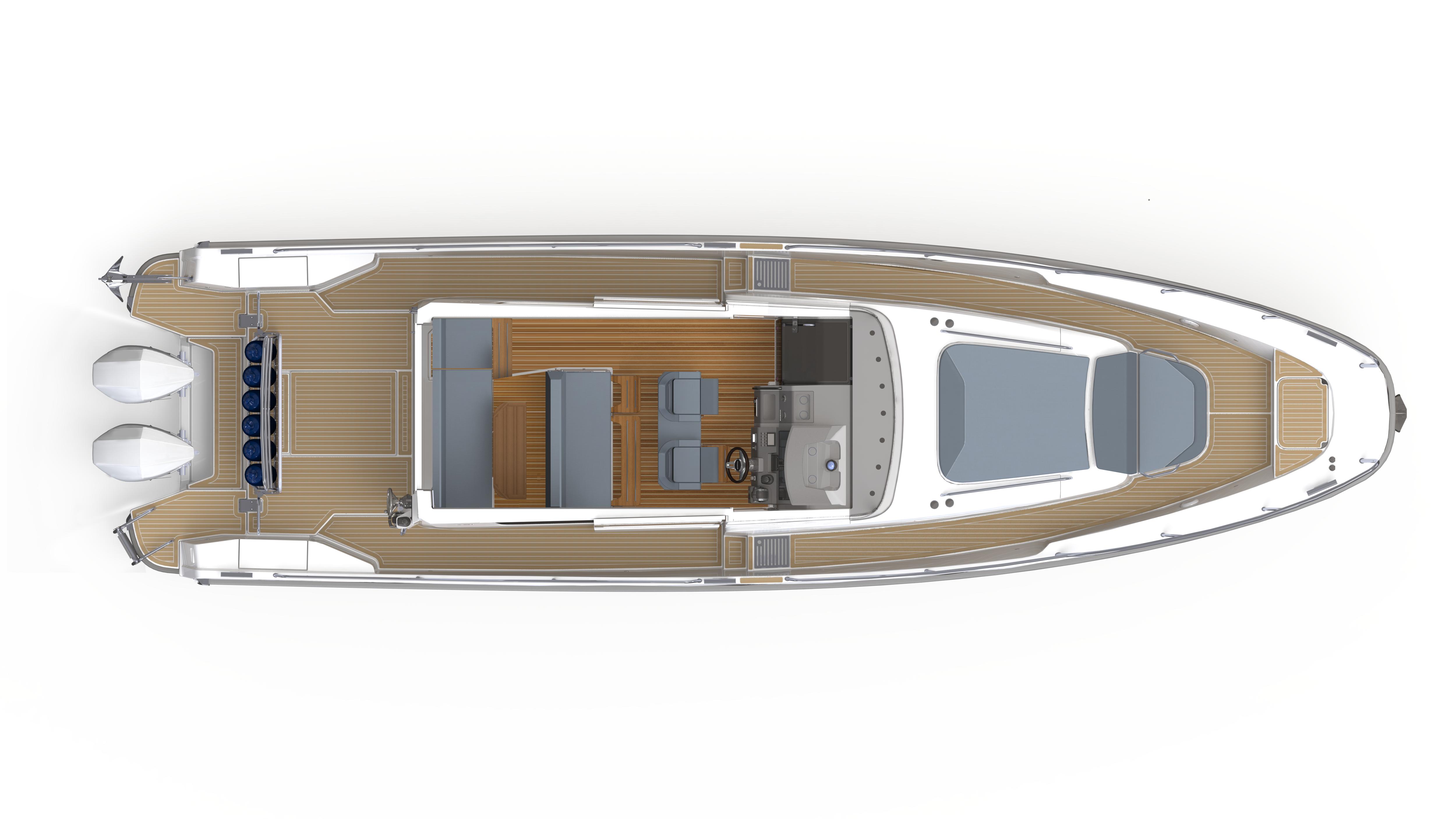 Top view of 2024 Nimbus C11 boat with spacious deck and modern design.