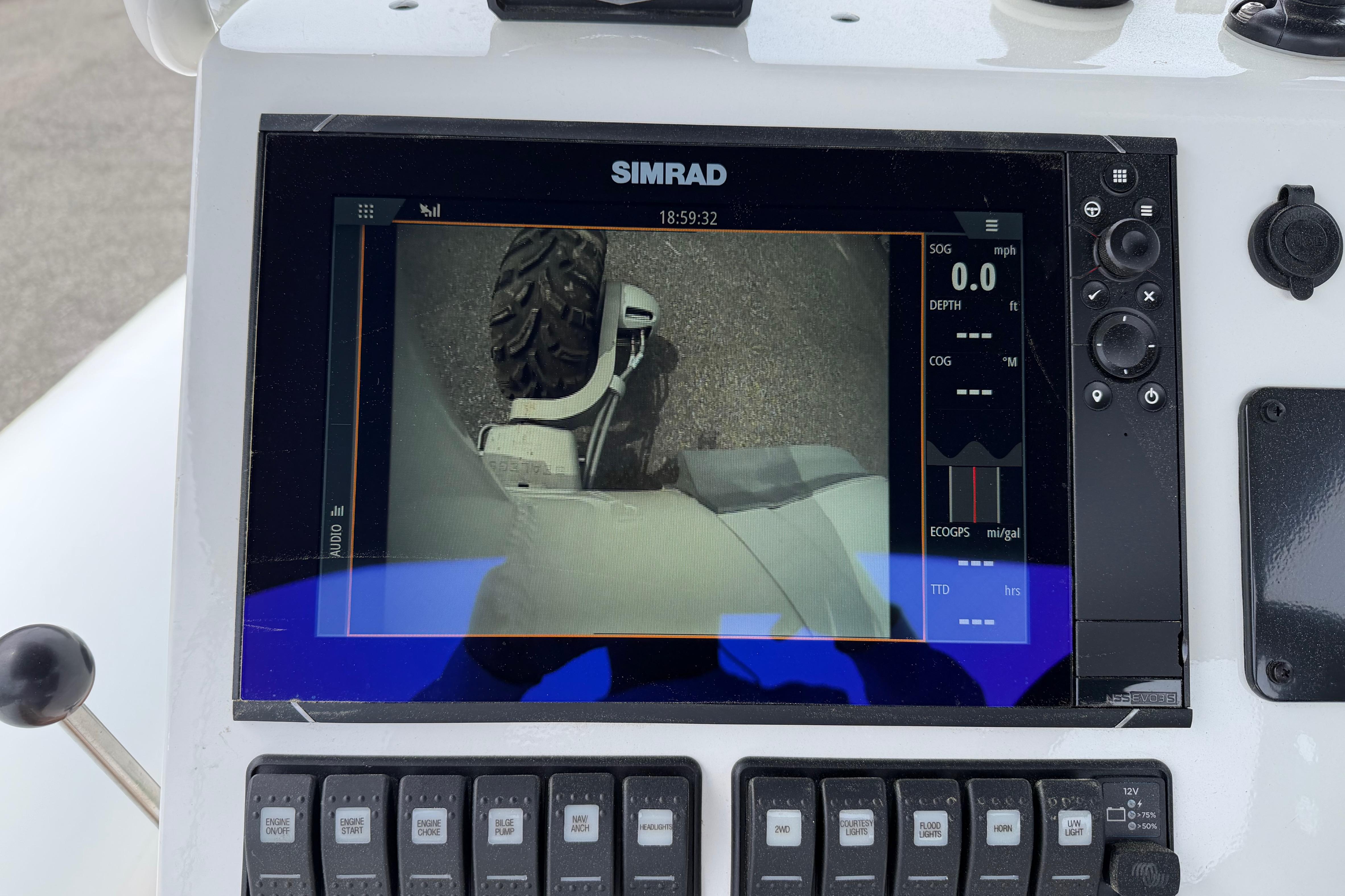Simrad display on 2024 Sealegs 7.1m RIB showing rear wheel camera view.