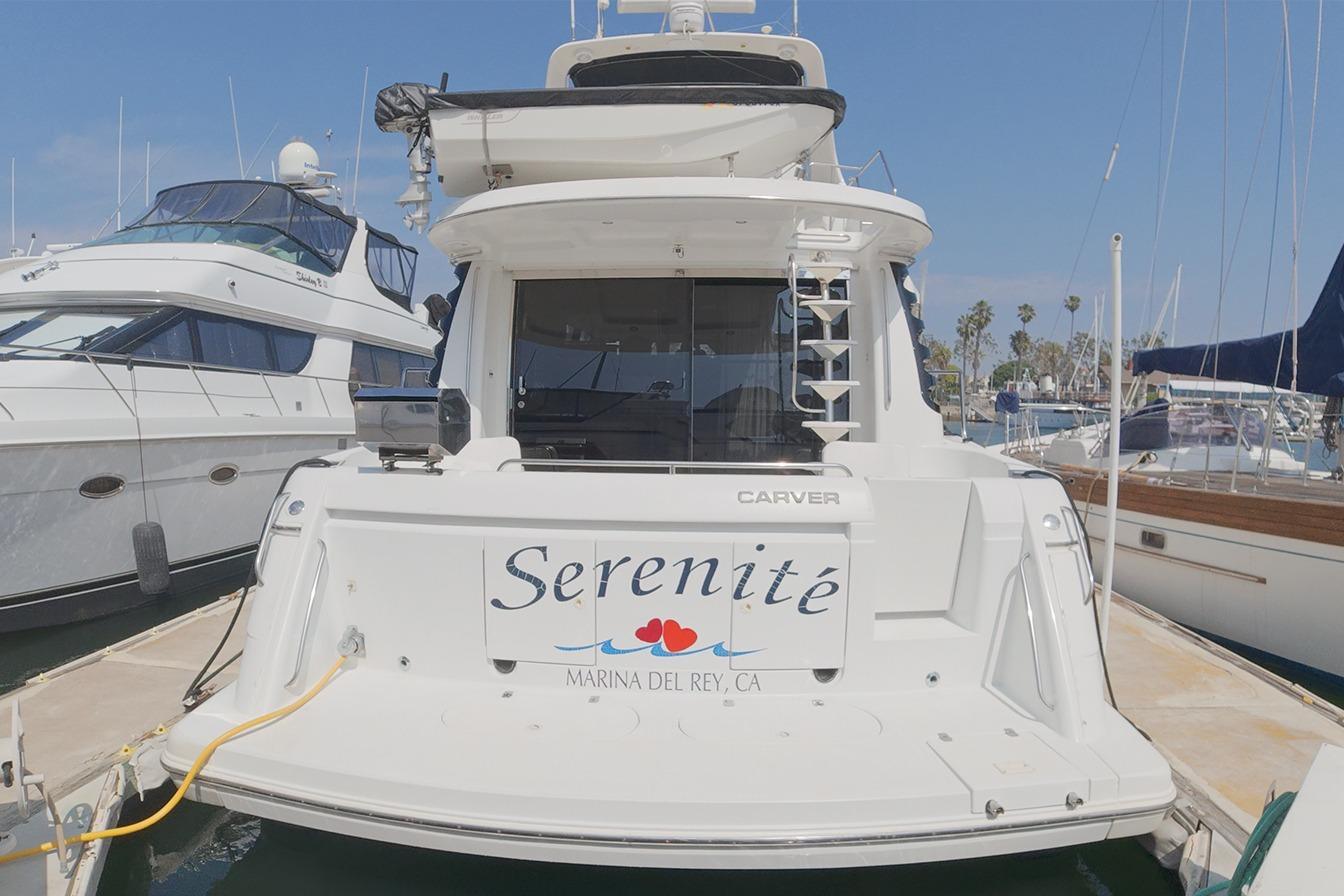 1999 Carver 53 Voyager yacht "Sérénité" docked at Marina del Rey, CA.