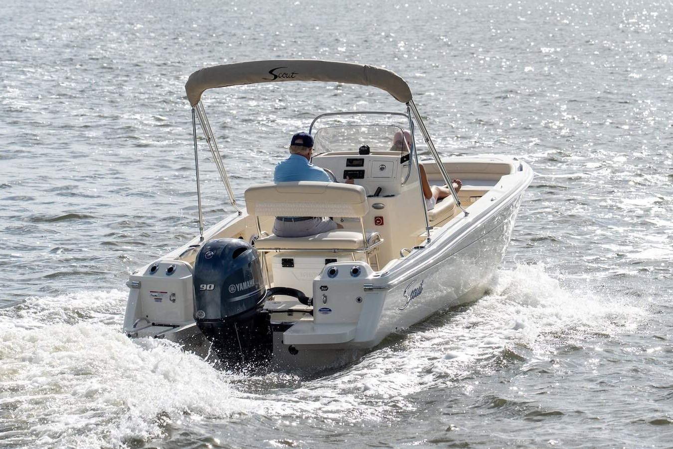 Manufacturer Provided Image: 2026 Scout 188 Sportfish boat cruising on open water, rear view.