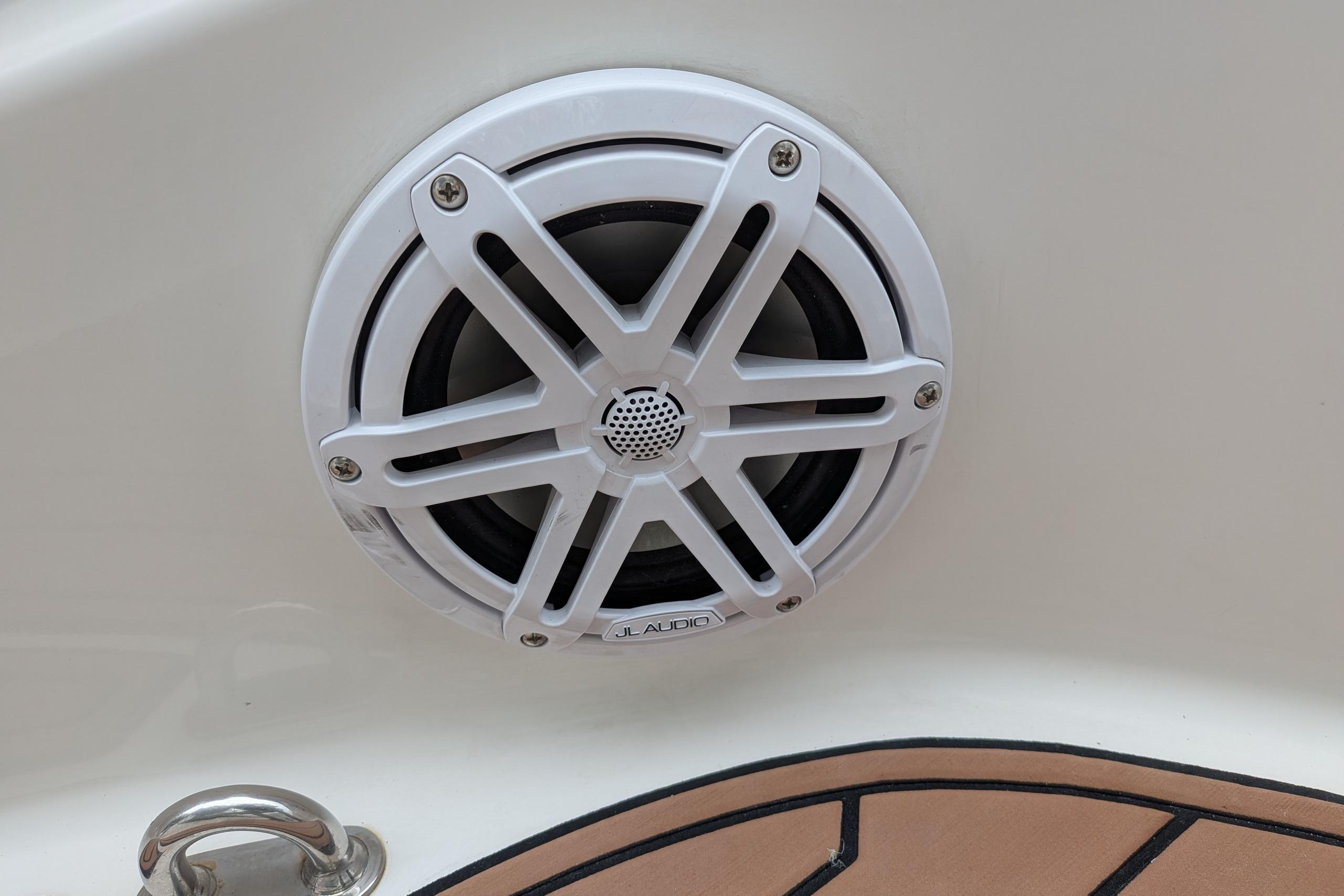 White JL Audio speaker on 2016 Brig E780 boat interior.
