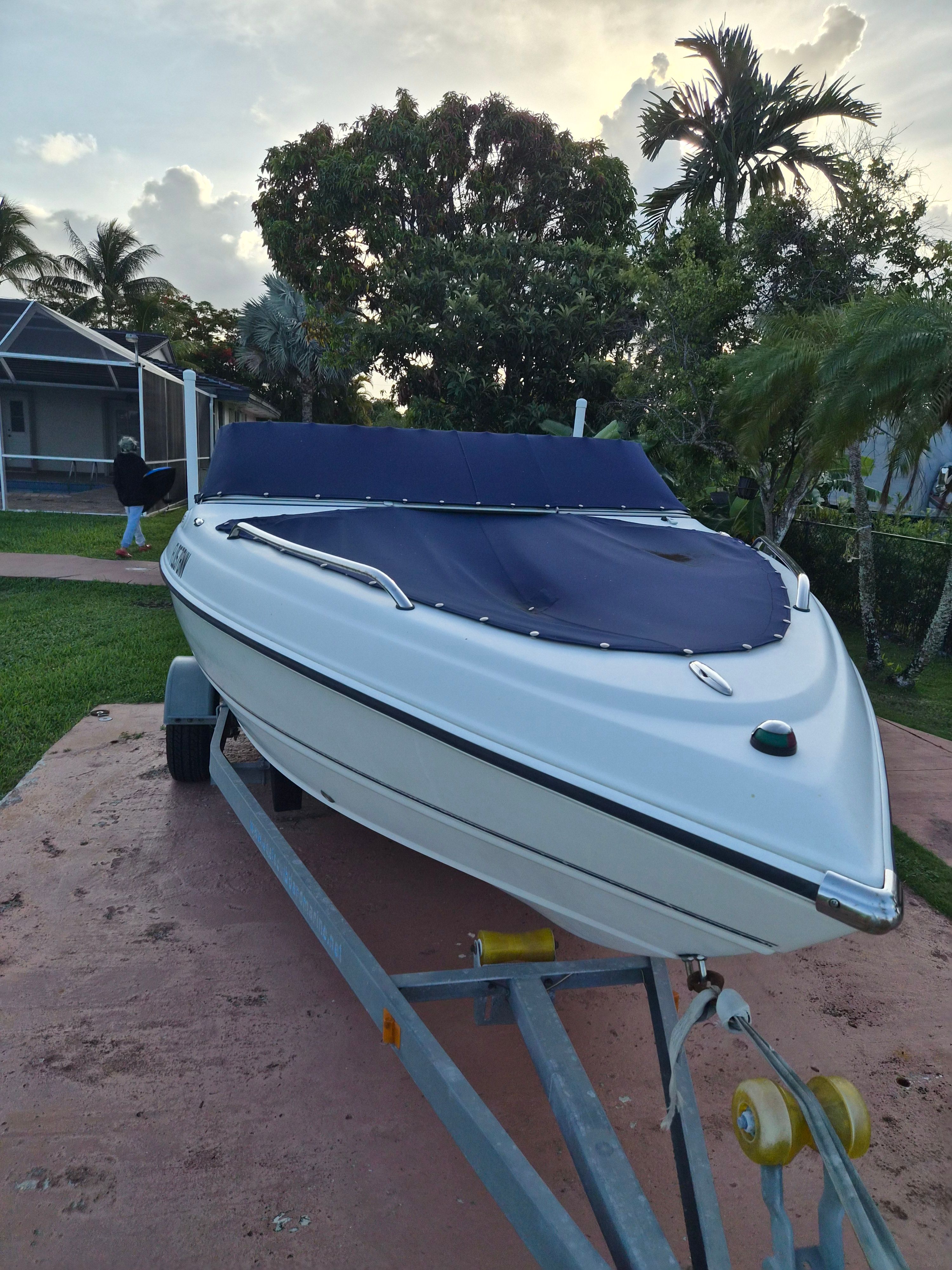 A white boat on a trailer with a blue cover, surrounded by tropical plants.