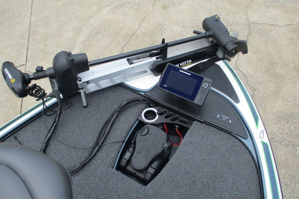 2020 Nitro Z19 Pro boat deck with trolling motor and fish finder.