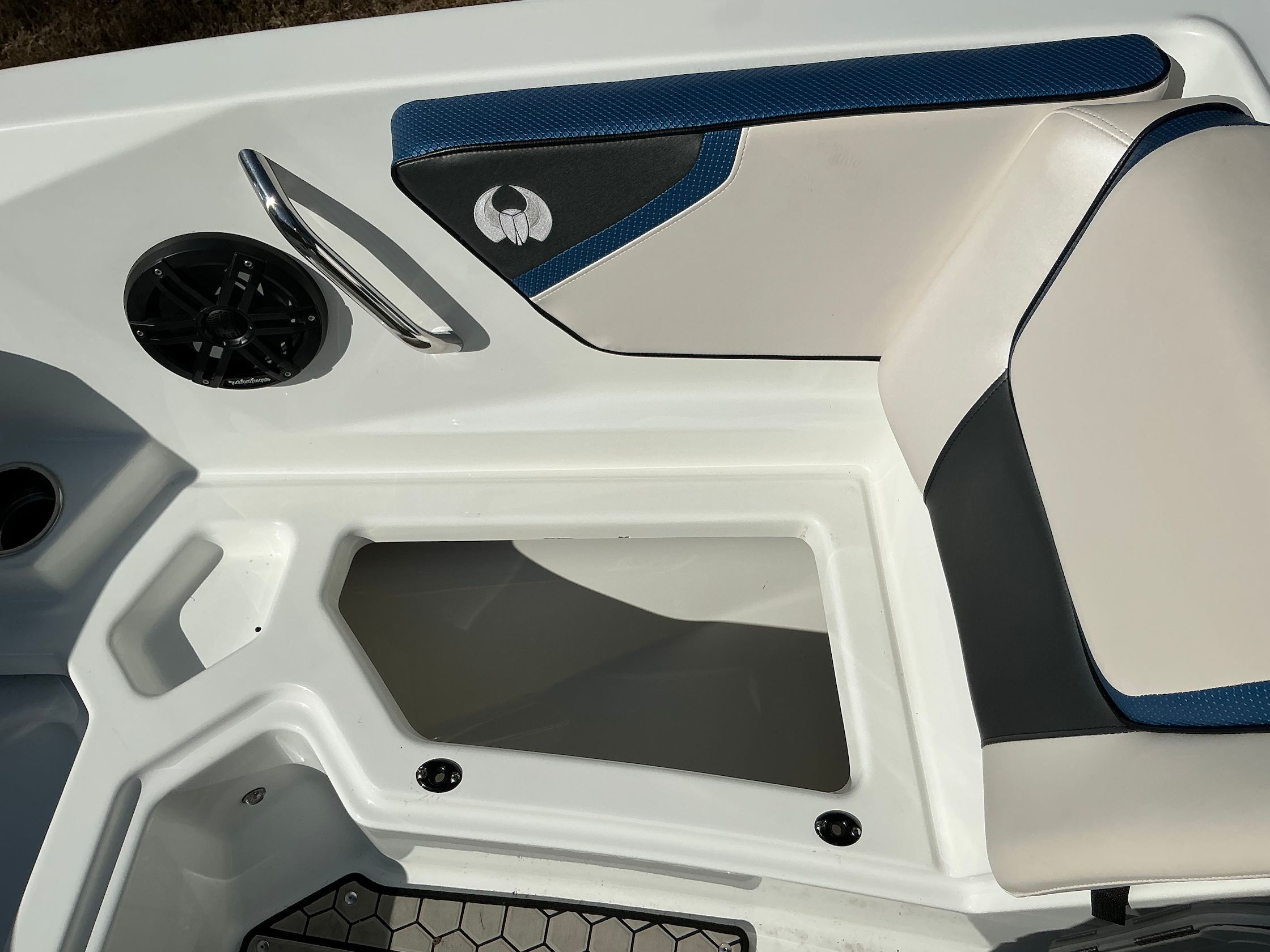 Interior of a 2021 Scarab 215 ID boat with speaker.
