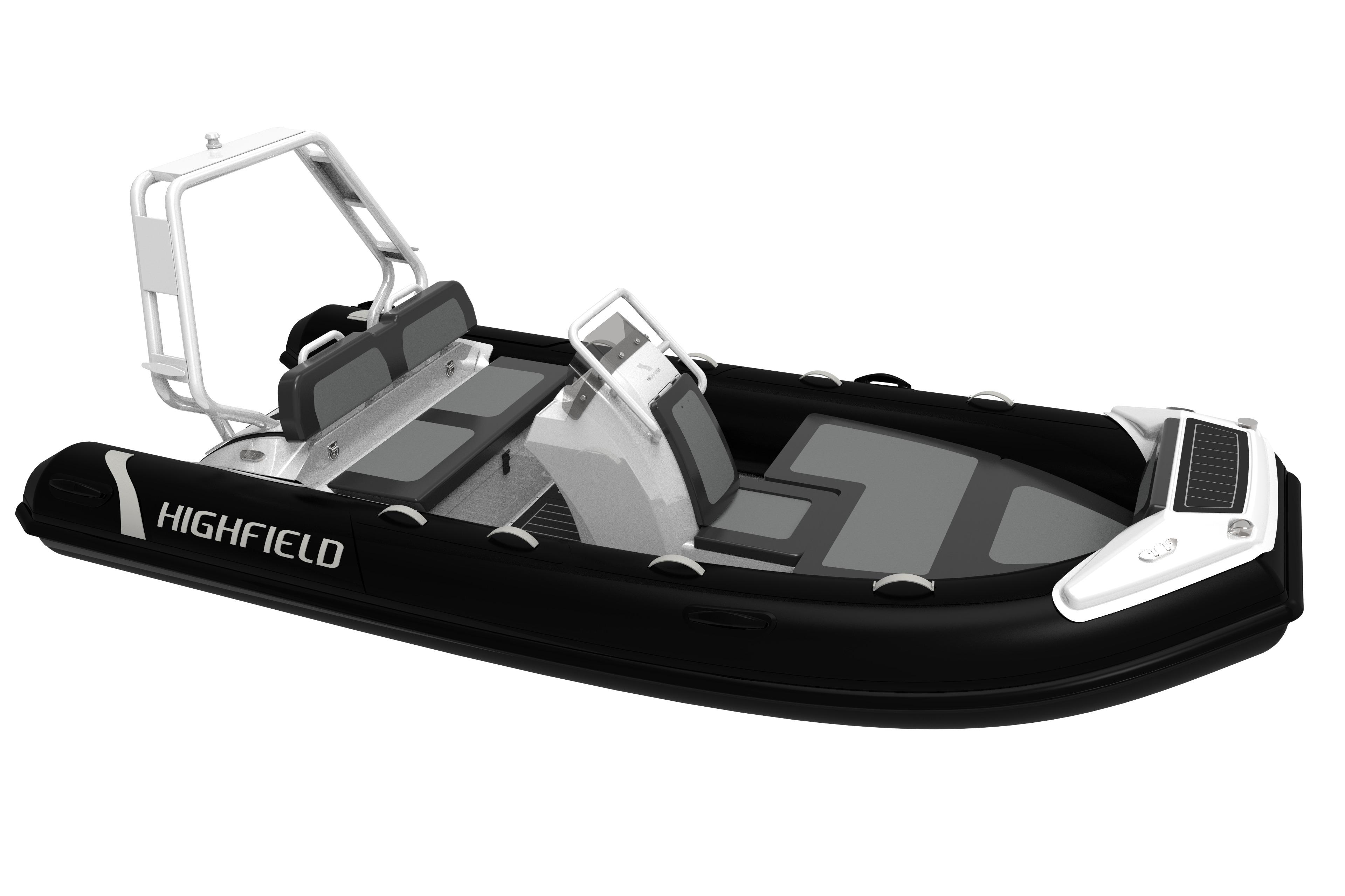 2026 Highfield Sport 420 inflatable boat, sleek black design with modern seating and console.
