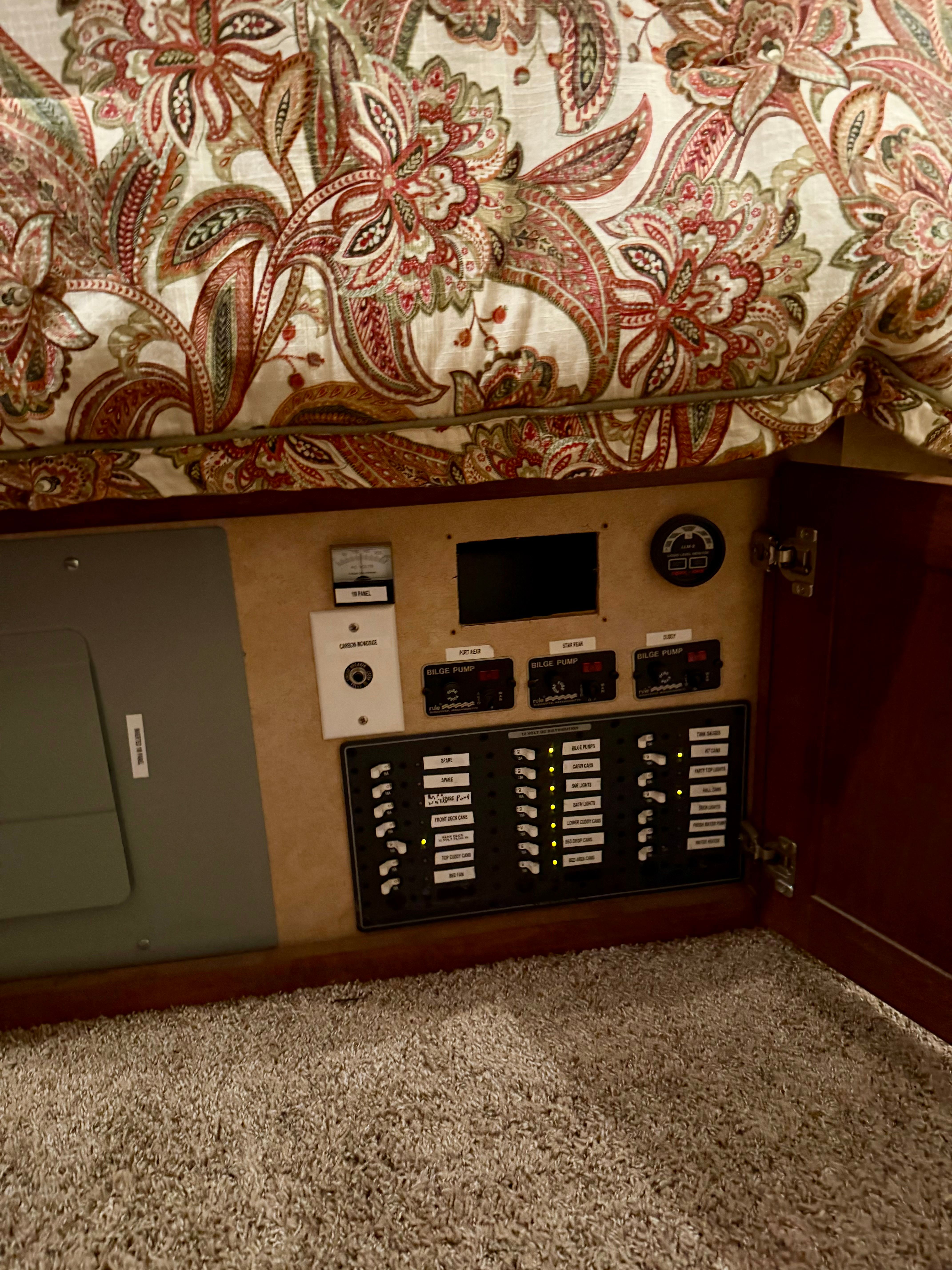 Electrical control panel in a 2011 Destination Yachts Custom Build.