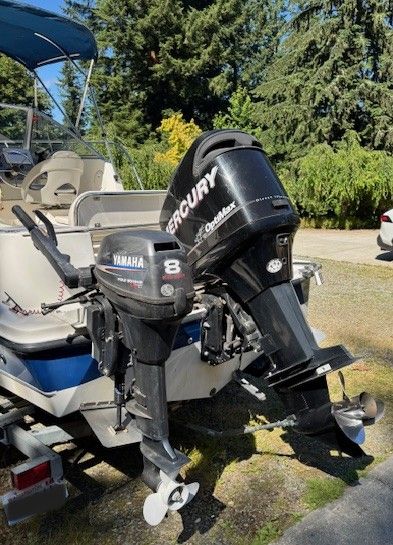 Two outboard motors on a boat, surrounded by trees and a sunny sky.