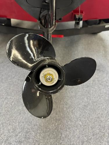 Propeller of 2025 Tracker Panfish 17 boat, close-up view.