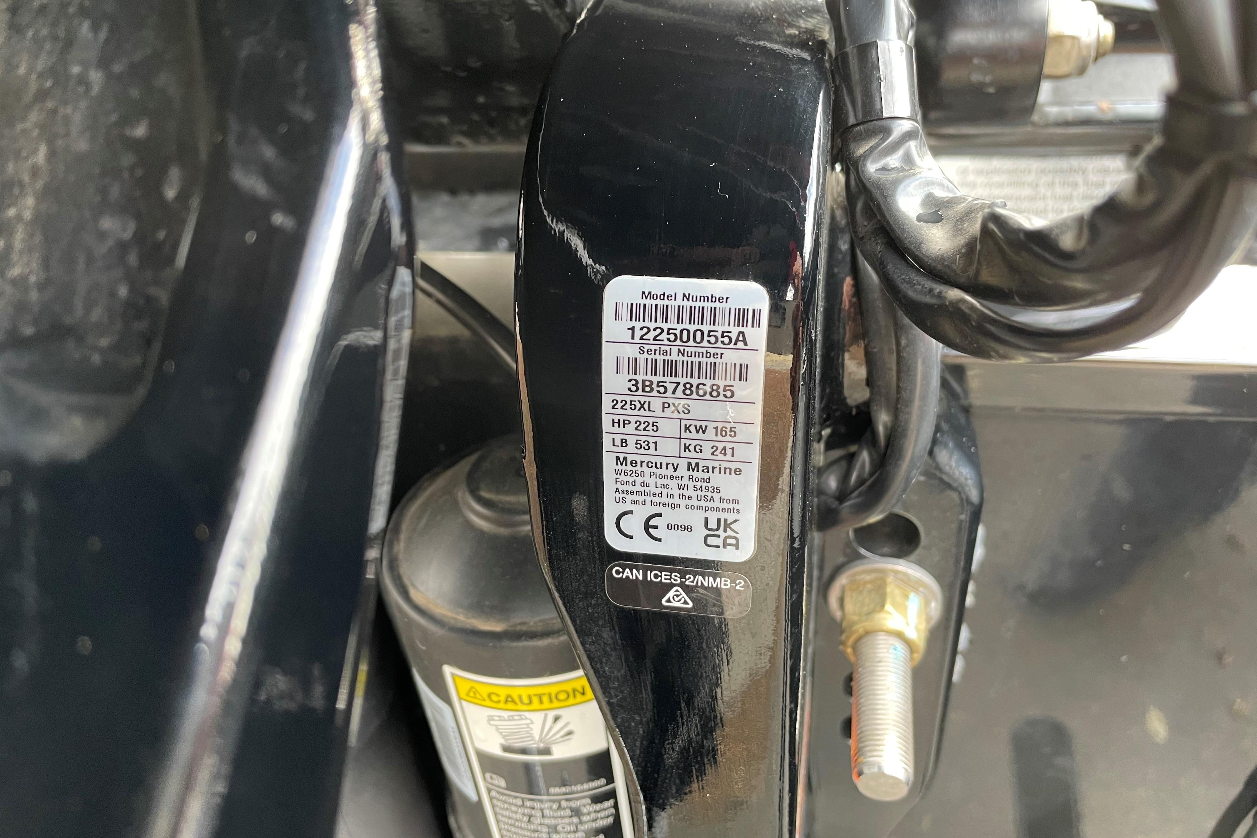 Label on 2026 Tracker Targa V-19 WT boat engine, showing model and serial numbers.