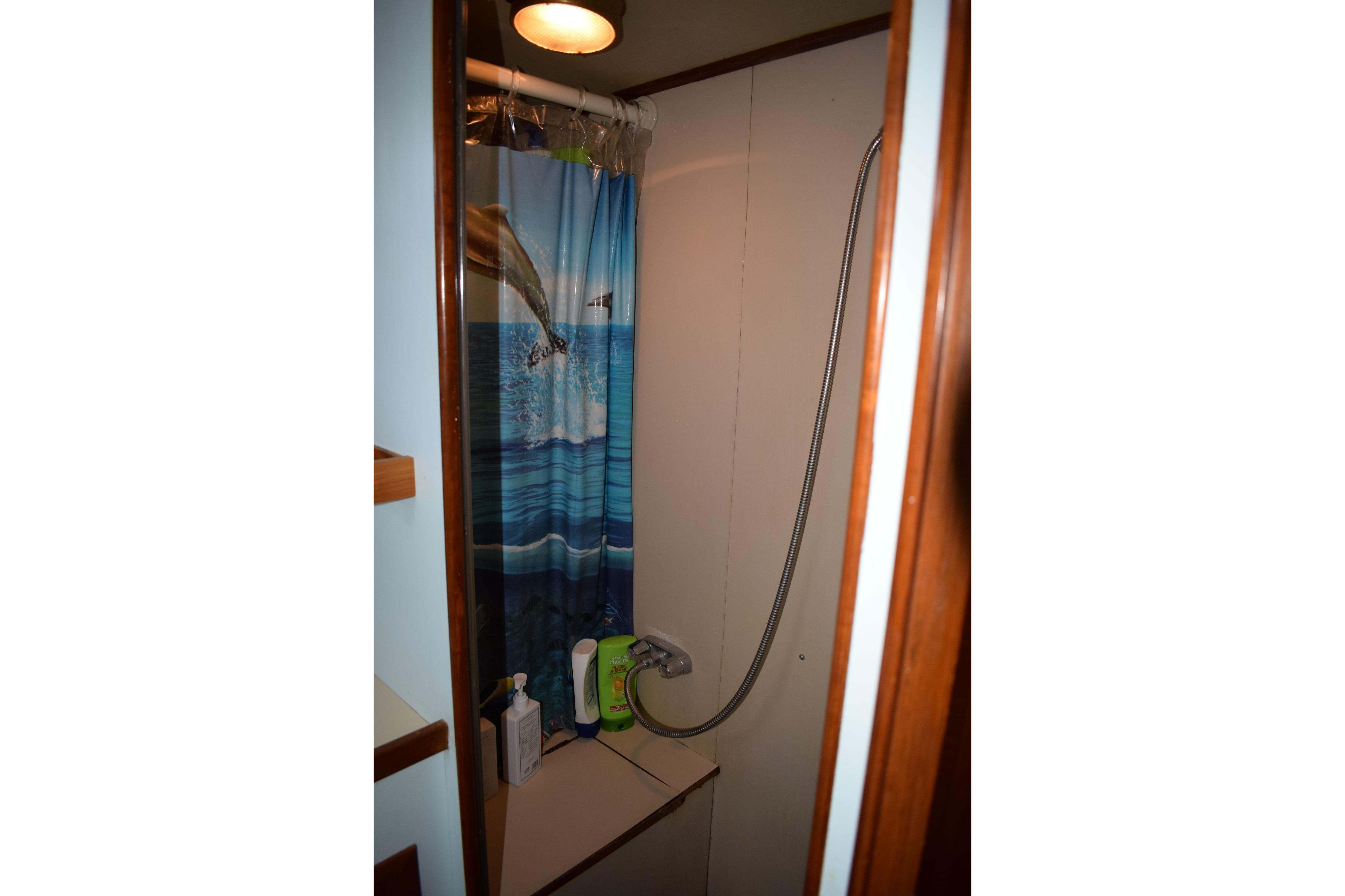Shower area in 1980 Cheoy Lee 52 Motorsailer with dolphin-themed curtain.